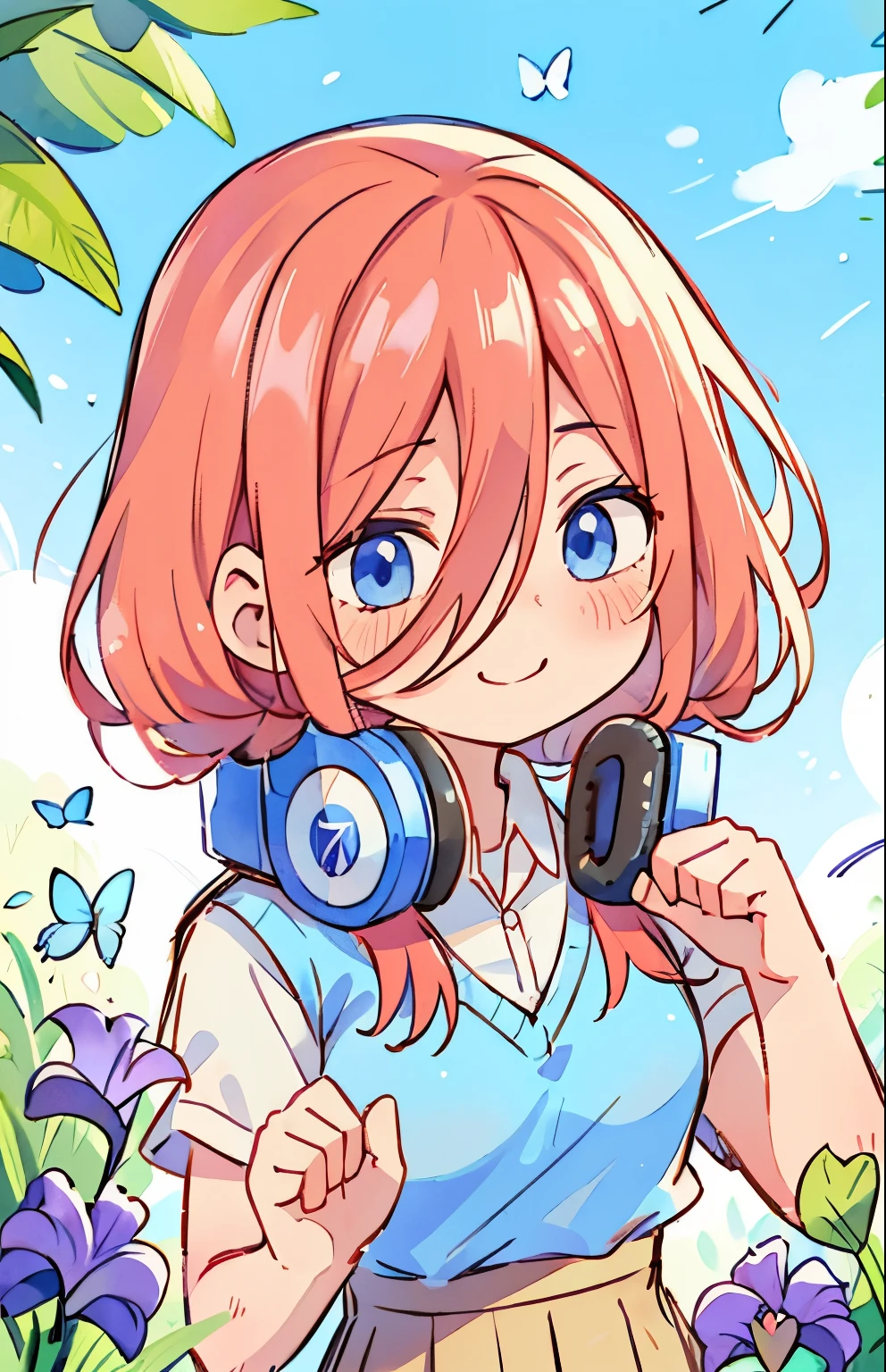 Wallpapers, poster, fruit, (several fresh cherries), moist, summer, blue sky, white clouds, HD Detail, Moist Watermark, Ultra Detail, Movie, Hyper Realism, Soft Light, Deep Focus Bokeh, Ray Tracing, --niji 5 Summer ( Watercolor ( Watercolor \ ( Medium \), Sketch, Iris: 1.2), butterflies, intricate details, sfw, full bust shot, eenage girl with pink red hair, one long strand of hair falling across her face, long strand of hair covering her nose, headphones down, hair in her headphones, skinny, asian facial traits, aamiku, Nakano Miku from The Quintessential Quintuplets, real life Miku Nakano, cowboy shot, straight hair, dark blue eyes, sparkling eyes, blue headphones around neck, light blue sweater, collared white shirt, green pleated skirt, school uniform, shy smile, blushing