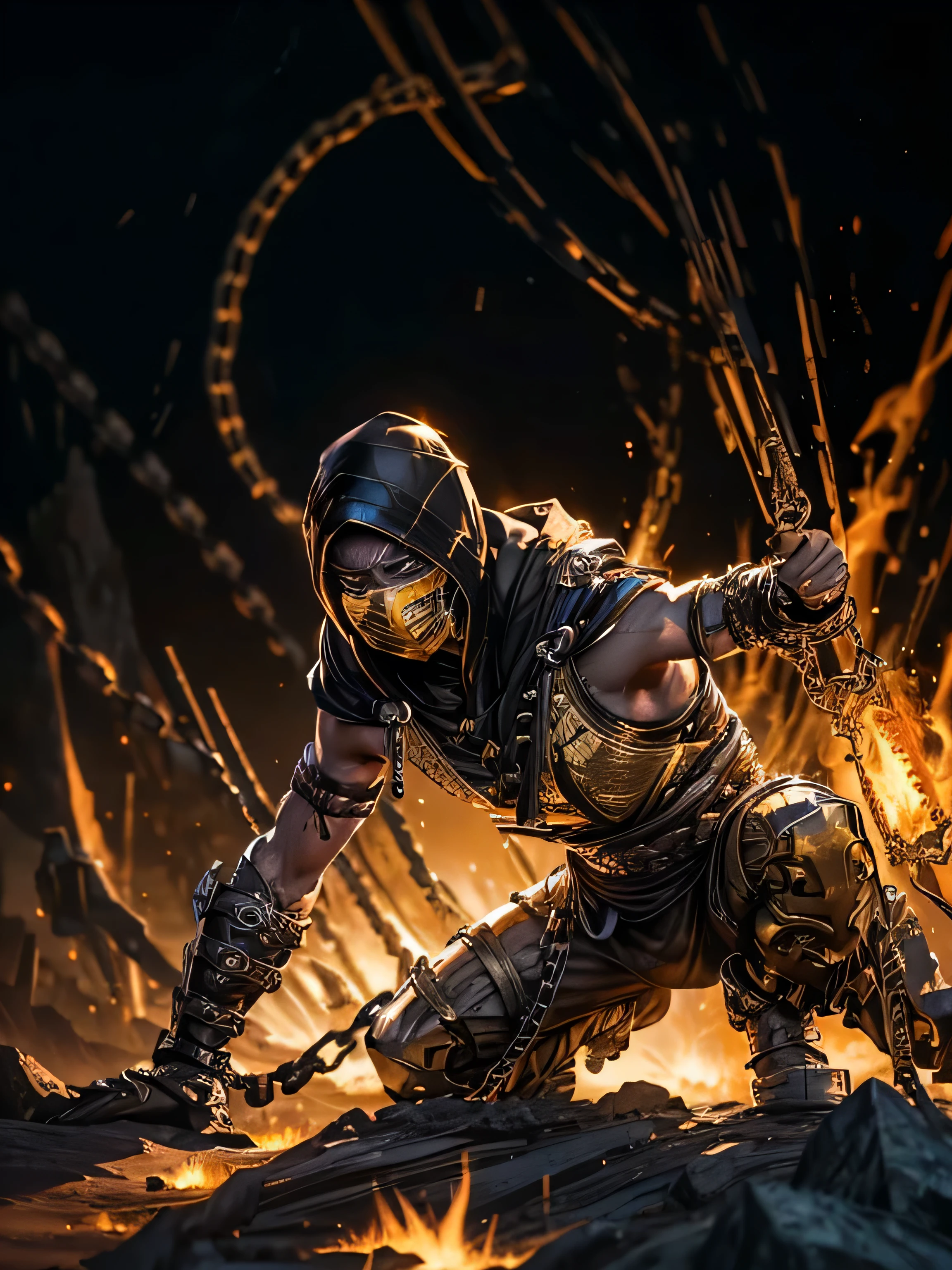 (exquisitely detailed CG unity 8k wallpaper, masterpiece-quality with stunning realism), (best illumination, best shadow), (best quality), (elegant style:1.2), Arti modern anime. angled view, heroic pose, midshot, (cel-shading style:1.3), centered image, ultra detailed closeup action portrait of Mortal Kombat's Scorpion, (male:1.3), in Ultra Hyper-Realistic Glory in Unreal Engine 5, casting an unearthly glow while wielding flames in legendary combat, creating a mesmerizing spectacle of power and elegance, from the strands of his burning mane to the ethereal smoke that curled around him, is captured in stunning ultra-high 8K detail, transporting you to a realm where myth and reality intertwine." (two Kunai weapon:1.2) (wrapped by metal chains:1.5) (yellow mask:1.2) (yellow armour:1.2) (martial art pose:1) (hooded:1.3) (fighting stance:1) (in a portal from another world:1), (starring forwards:1), (turning body:1.2), (crouching on a pile of bones:1.2), (full body:1.3)