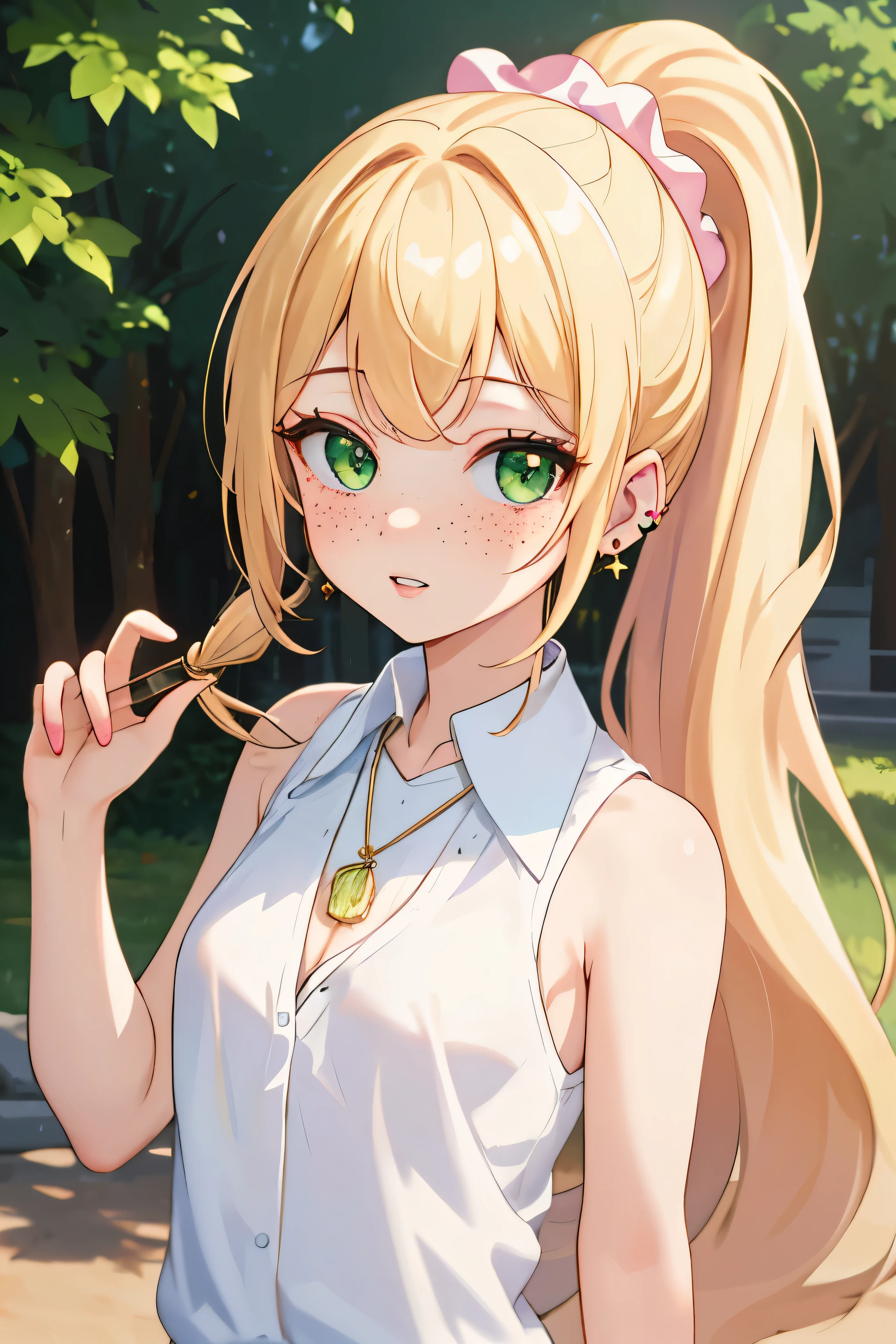 (masterpiece, best quality), 1girl, solo, face, parted lips, looking at viewer, light blush, light smile, pendant, ear piercing, long eyelashes, blonde hair, long wavy hair, high ponytail, asymmetrical bangs, green eyes, freckles, pale skin, outdoors, park, sunlight, pink scrunchie, white collared shirt, sleeveless, cleavage, small perky breasts, sexually suggestive