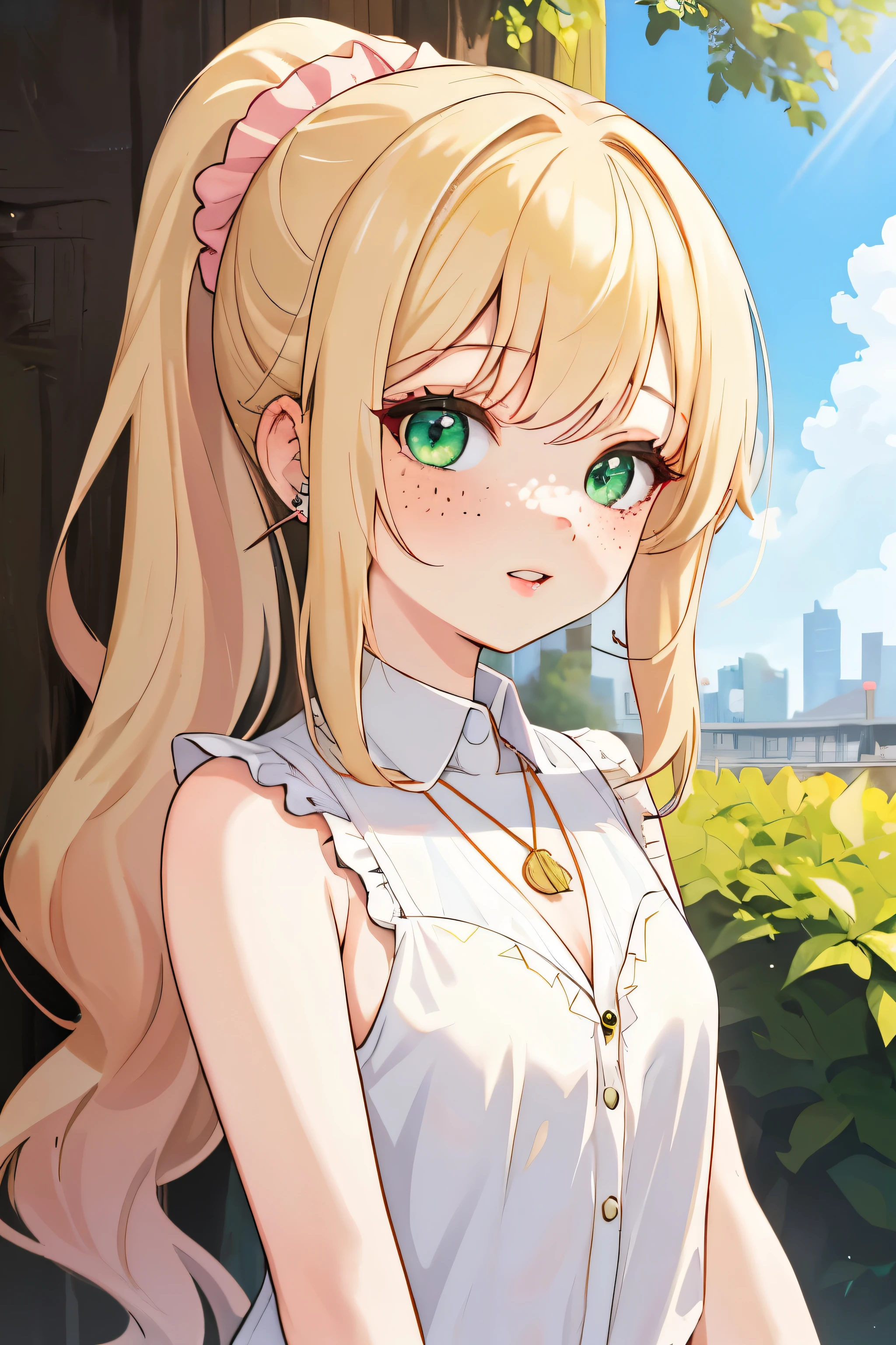 (masterpiece, best quality), 1girl, solo, face, parted lips, looking at viewer, light blush, light smile, pendant, ear piercing, long eyelashes, blonde hair, long wavy hair, high ponytail, asymmetrical bangs, green eyes, freckles, pale skin, outdoors, park, sunlight, pink scrunchie, white collared shirt, sleeveless, cleavage, small perky breasts, sexually suggestive