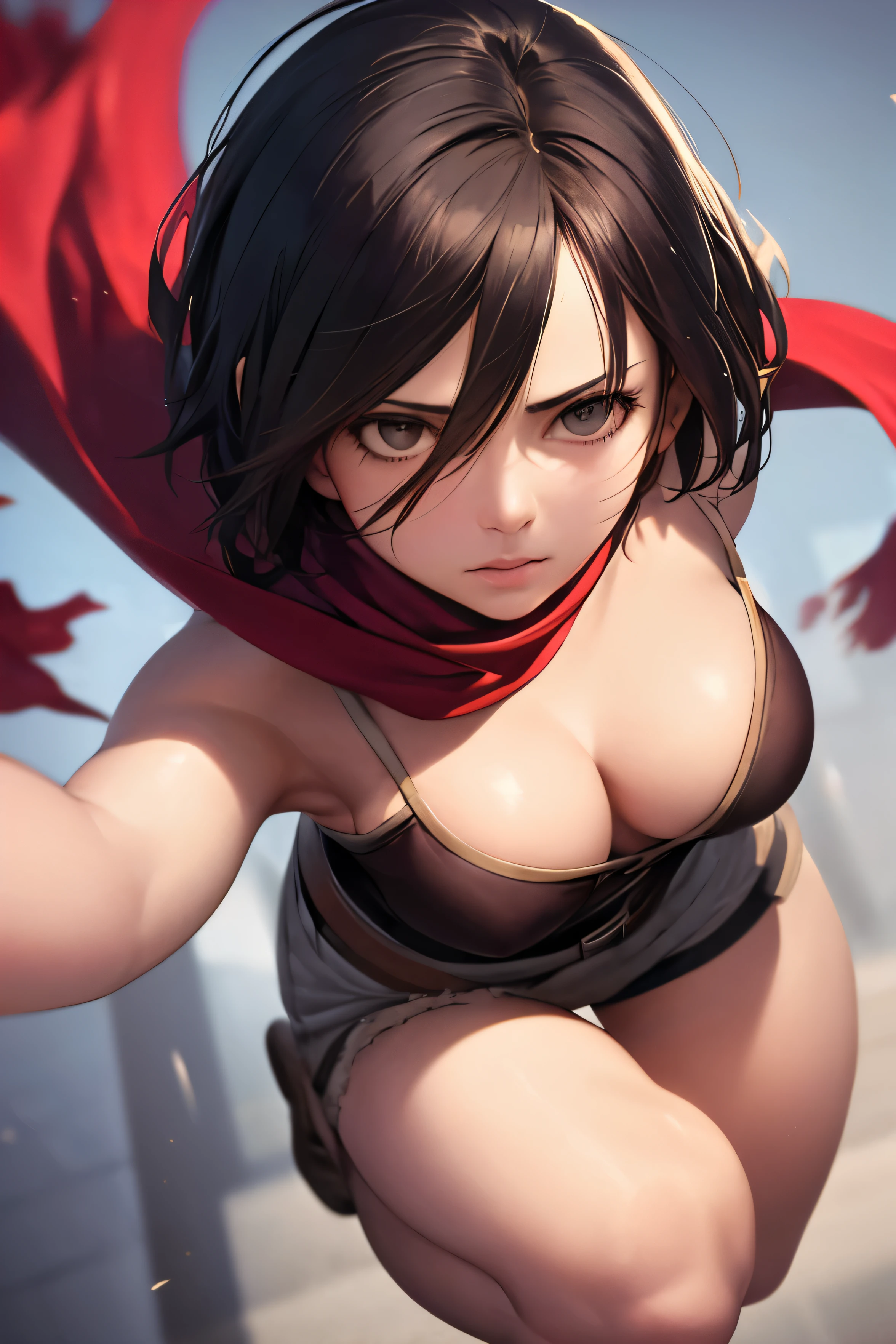 ((best quality)), ((masterpiece)), ((Realistic)), ((perfect)), perfect anatomy, 1girl, Mikasa Ackerman, Hair between the eyes, Short hair, Gray eyes, beautifull face, full body, red scarf around the neck, high angle, ((dynamic poses))