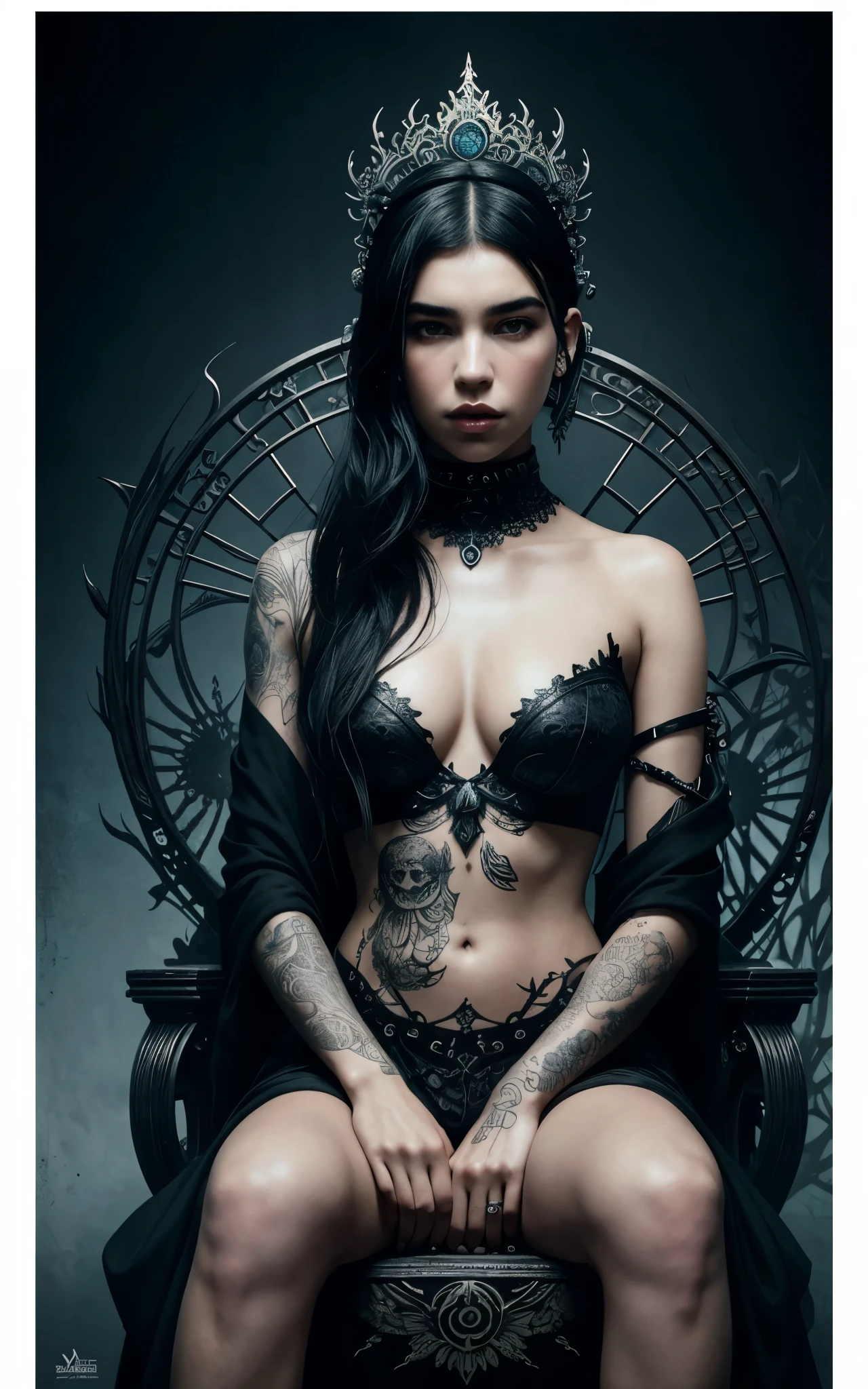 (Dua Lipa) is a beautiful charming vampire queen sitting on a throne, carved out of dark smoke, pale skin,dark fantasy background, black, circular colored smoke, waves of shadows at night, abstract skull ornaments, messy hair, soft colors, flat 4d street art in the style of adrian ghenie, esao andrews, jenny saville , edward hopper, surrealism, james jean dark, takato yamamoto, inkpunk minimalism, , detailed eyes with circular iris, seamless geometric pattern harmony, luminogram, iron gall ink, art by Russ Mills, Sakimichan,, by GIlSam -paio octane rendering depicting innovation and truth, 8k, by Lee Jeffries, depth - Gs studio