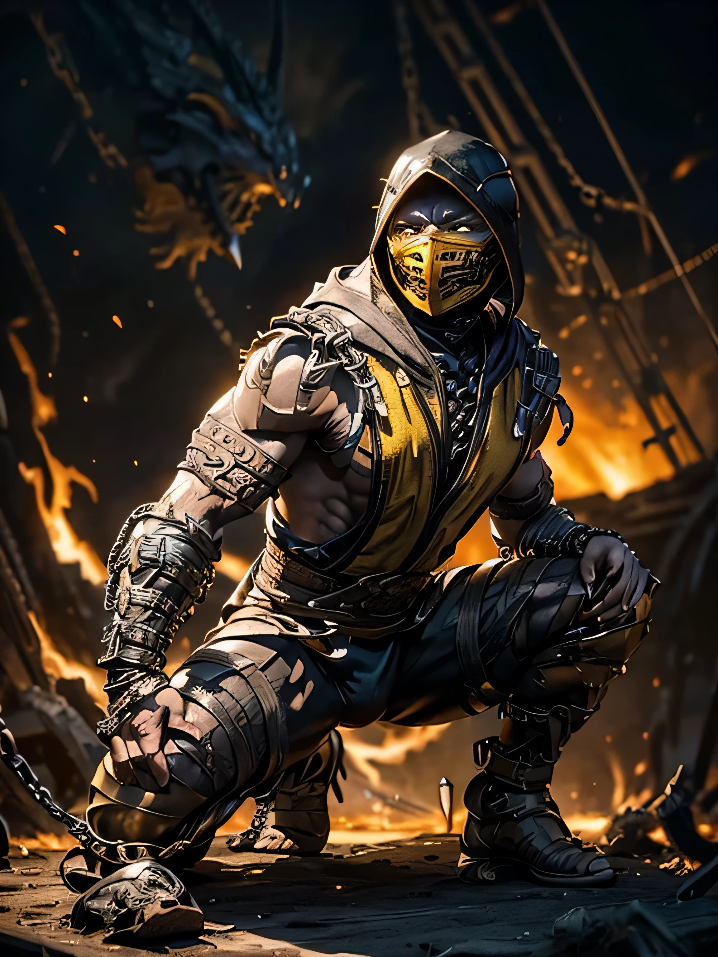 (exquisitely detailed CG unity 8k wallpaper, masterpiece-quality with stunning realism), (best illumination, best shadow), (best quality), (elegant style:1.2), Arti modern anime. angled view, heroic pose, midshot, (cel-shading style:1.3), centered image, ultra detailed closeup action portrait of Mortal Kombat's Scorpion, (male:1.3), in Ultra Hyper-Realistic Glory in Unreal Engine 5, casting an unearthly glow while wielding flames in legendary combat, creating a mesmerizing spectacle of power and elegance, from the strands of his burning mane to the ethereal smoke that curled around him, is captured in stunning ultra-high 8K detail, transporting you to a realm where myth and reality intertwine." (two Kunai weapon:1.2) (wrapped by metal chains:1.5) (yellow mask:1.2) (yellow armour:1.2) (martial art pose:1) (hooded:1.3) (fighting stance:1) (in a portal from another world:1), (starring forwards:1), (turning body:1.2), (crouching on a pile of bones:1.2), (full body:1.3)