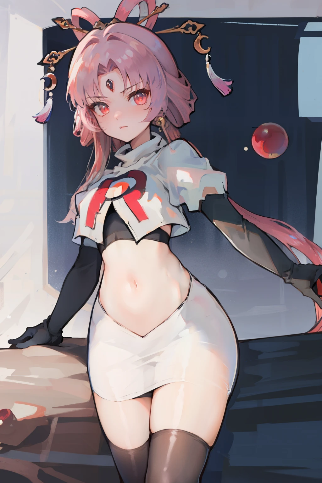 ((masterpiece,best quality)), highres, 1girl, fuxuan, cowboy shot, team rocket,team rocket uniform,white skirt,red letter R,crop top,black thigh-highs,black elbow gloves