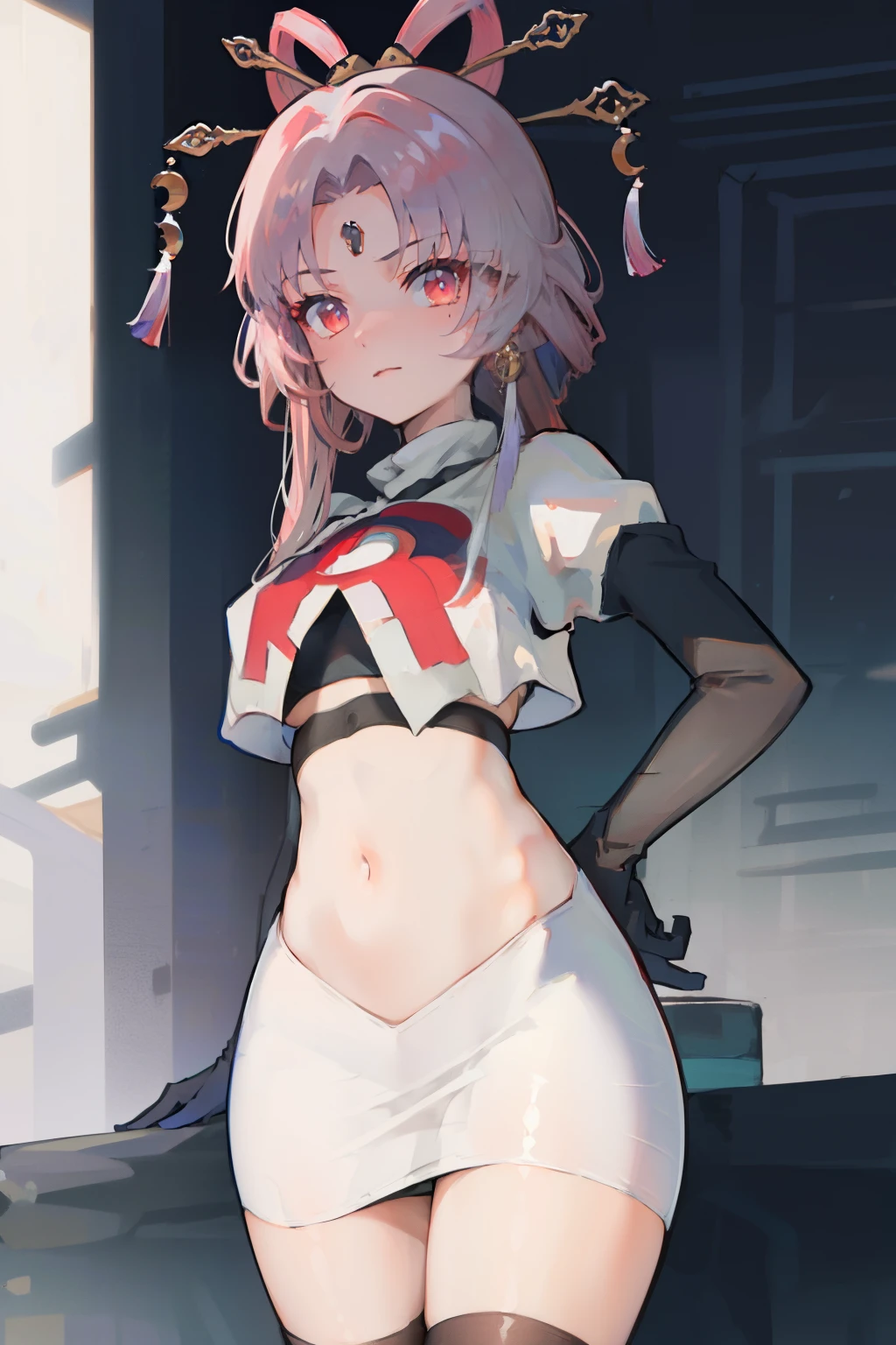 ((masterpiece,best quality)), highres, 1girl, fuxuan, cowboy shot, team rocket,team rocket uniform,white skirt,red letter R,crop top,black thigh-highs,black elbow gloves