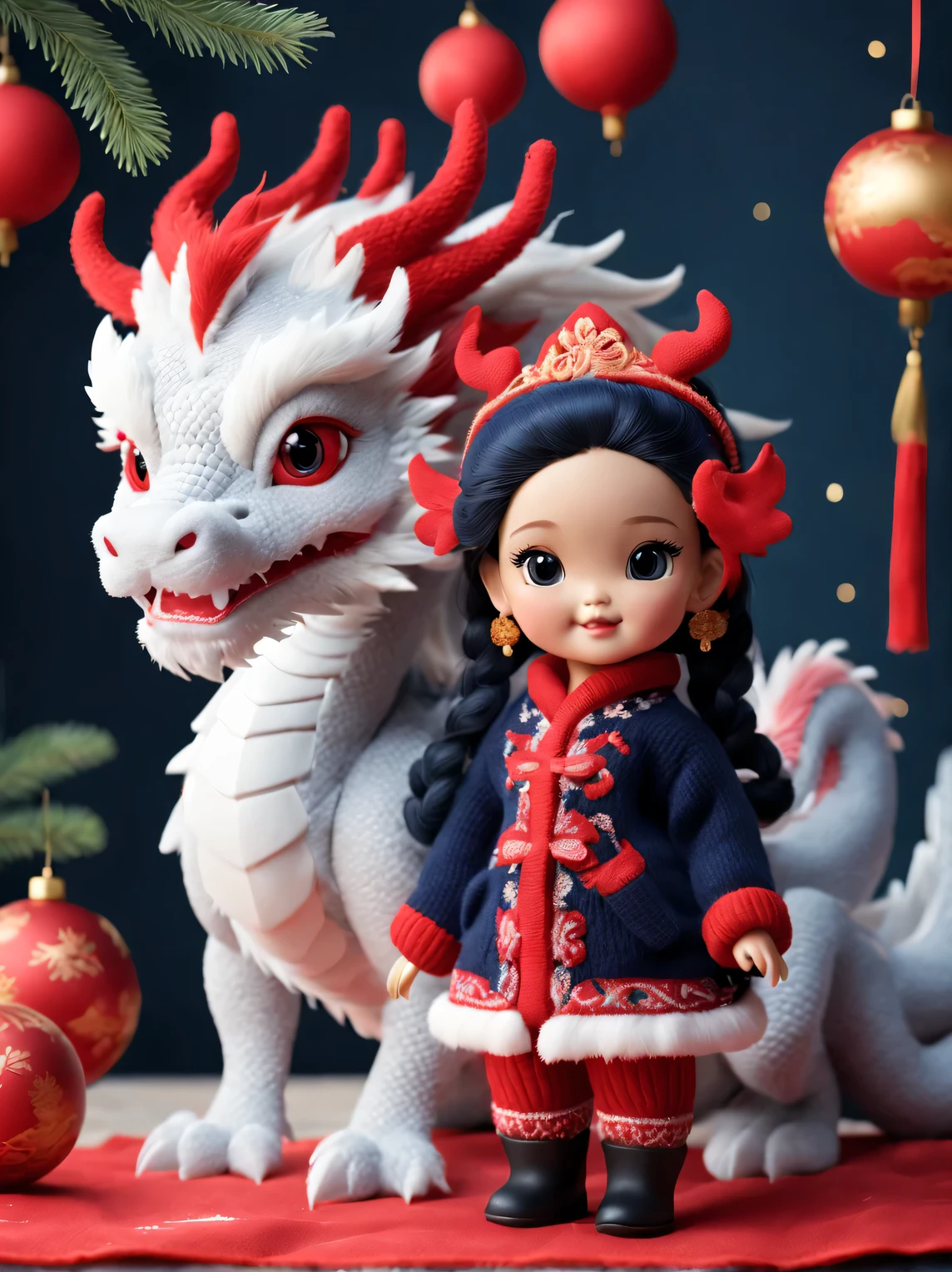 2024 new year plush toy design，（Close up of smiling cute  chinese dragon and barbie doll：1.1），Wear a sense of luxury, Rococo winter gorgeous fashion cashmere wool fashion quisite cashmere wool craft） ， Background with：Dark navy and fiery red，2024 new year elements，golden ornaments，heavy snow ground， Apply exquisite skills and superb technology，Weave wool into a variety of styles and textures，Pay attention to the edge of the sweater、sutured、Details such as stitching ensure smooth lines of the sweater、Smooth and traceless，Demonstrate perfect craftsmanship quality。 Cute 3d rendering，Cute and detailed digital art，Miniature feeling，stylized 3d render，3d rendered figure art 8k，lovely digital painting，Anime style 3D，Ultra-detailed rendering