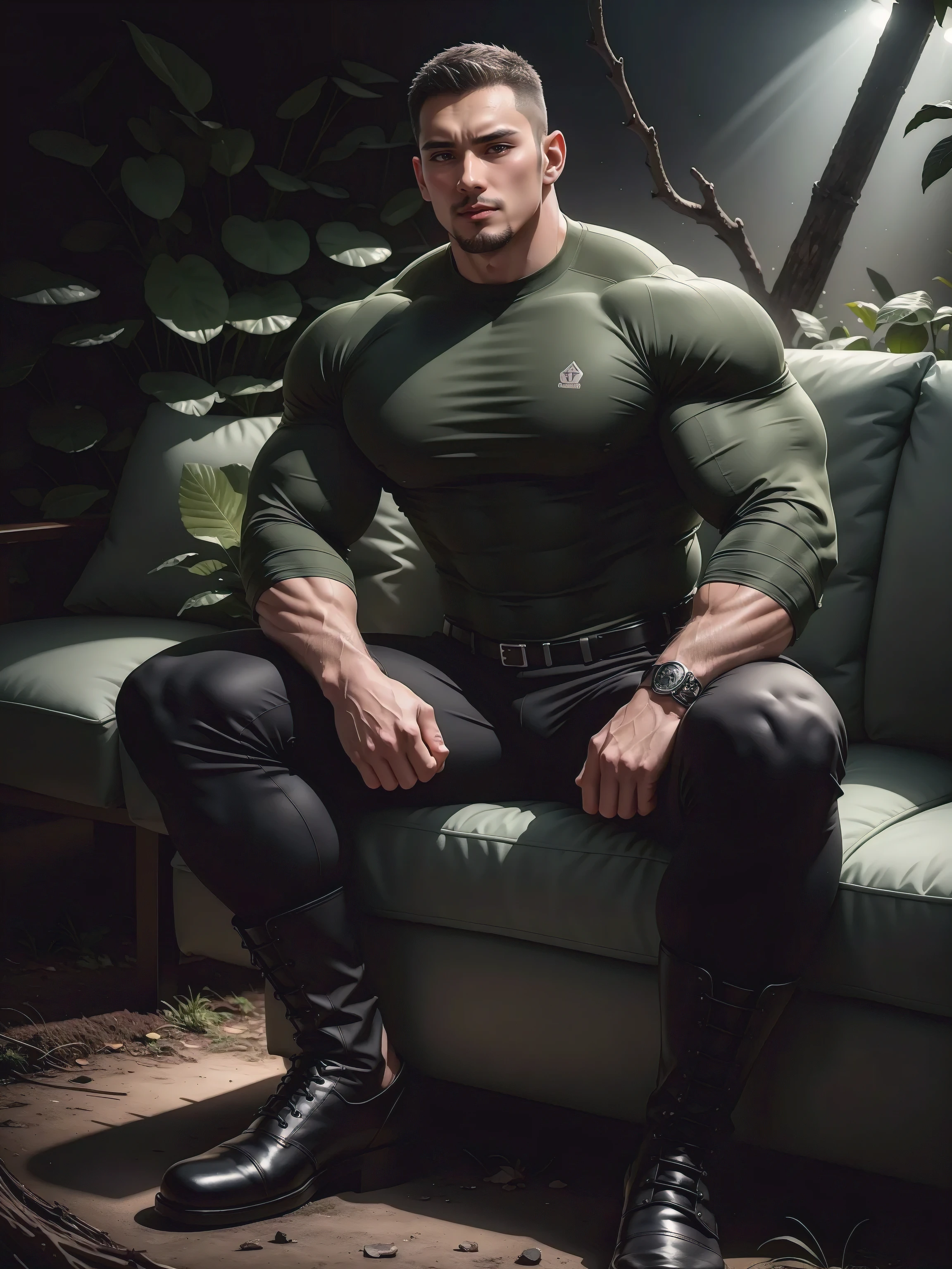 Frowning sad and crying tall giant muscular man sitting in the forest,Dark gray high collar tight long sleeve camouflage T-shirt,character design(Resident Evil - Chris Redfield,Chris Redfield)His hairstyle is a crew cut,Wearing dark gray tight-fitting camouflage military uniform,Matte texture,Soft and comfortable sofa,Sitting in the eerie sugar cane jungle, The body is wrapped in thick rattan,expression sad,Deep and charming eyes,The hero with emerald pupils,heroic masculine pose,Tall and burly,musculous!Charming leg muscles,tall, Burly, and strong, Wearing dark gray camouflage military uniform, Super gain and cool, commission for high resolution,Big feet wearing black cotton socks,Charming strong man,Bright sunlight shines on the body,Matte particles with shiny texture