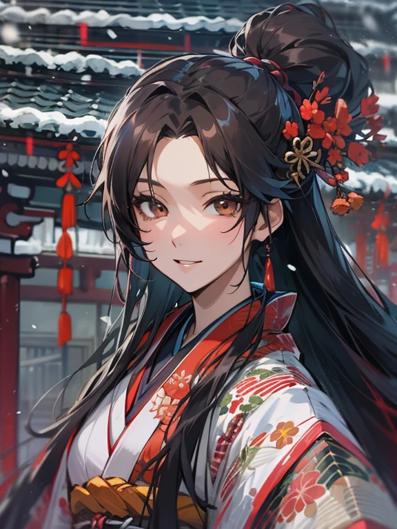 (masutepiece, Best Quality, hight resolution, Ultra-detailed, 8K, 4K),One Woman, Japanese dress, Luxurious fur coat, Forehead, Inappropriate smile, Fun, (Stunning:1.5) Woman with (long:0.6) 　Straight black hair:0.7) White glowing skin, And (Deep:0.8) Brown-eyed.Anime style, Shrine of Japan，Winter scene、　Slender woman、Calm、Clothes that look warm、Accent color is red、No bangs、Woman in her 40s、Victory