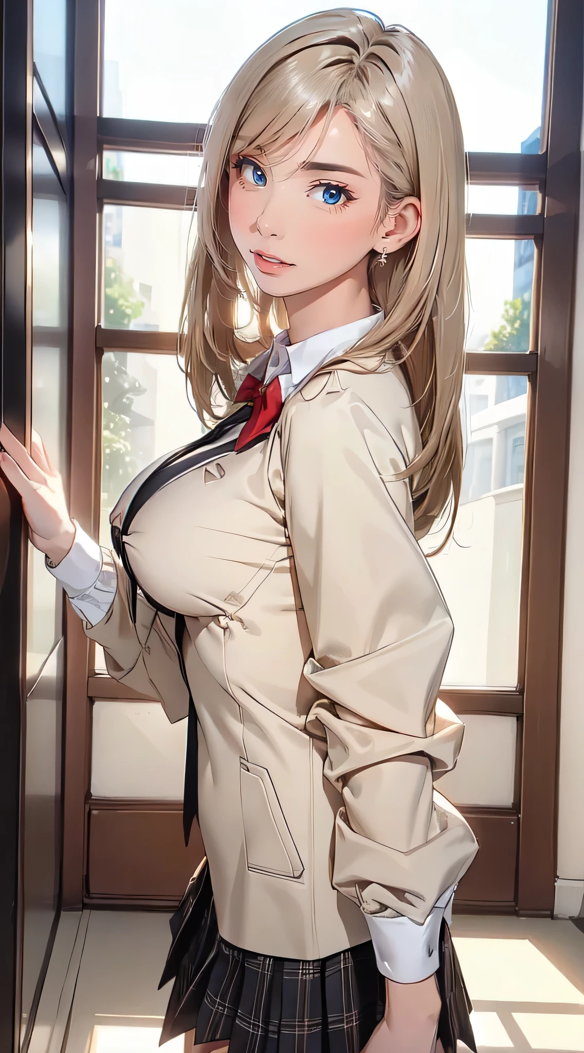 Random sexy poses,School uniform,1girl in,(Ultra detailed skin),Curve,Petite,Beautiful breasts,Large breasts,pale skin,pointed breast,Erect nipples,(Fantasy Art,Highest image quality,Hyperrealist portrait,(8K),Ultra-realistic,Best Quality, High quality, High Definition, High quality texture,high detailing,Beautiful detailed,fine detailed,extremely details CG,Detailed texture,realistic representation of face,masutepiece,presence,Dynamic,Bold),Bob Hair,(Thin hair),(Soft hair),(Straight hair:1.5),Swept long bangs,Extra bright coppery amber hair,Hair over one eye