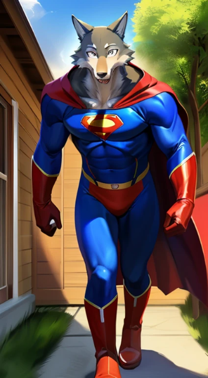solo, wolf, male, legoshi_(lora), hi res, soft shading, ( detailed fur 1.1 ), (surprise expression), ( solo 1.1) (detailed), (masterpiece: 1.2), ( full body head to toe show), wearing a superman costume, ( red and blue bodysuit) (spandex superman costume: 1.1), (tight), (red speedo), (red cape), (red boots) red cape, front view, looking at viewer, at house backyard, by chunie by itagaki paru