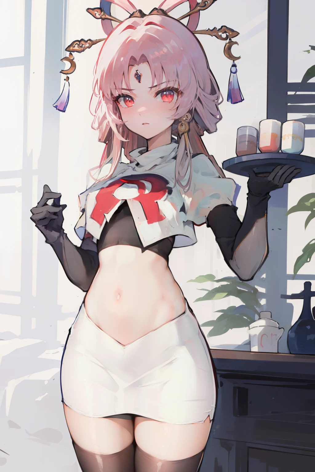 ((masterpiece,best quality)), highres, 1girl, fuxuan, cowboy shot, team rocket,team rocket uniform,white skirt,red letter R,crop top,black thigh-highs,black elbow gloves