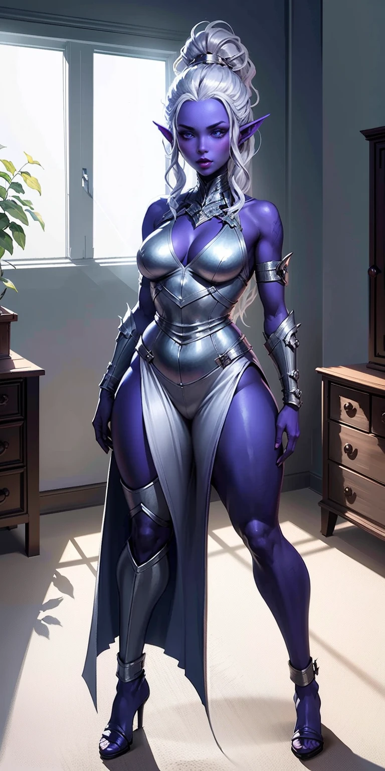 Masterpiece, standing straight symmetrical, full body female drow elf slave wearing an adventurer outfit, black blindfolded, (very purple skin) (((1 girl)),ray tracing,(dim lighting),[detailed background (bedroom)),((silver hair)),((silver hair)),(Fluffy silver hair, plump slender girl)) with high ponytail))))