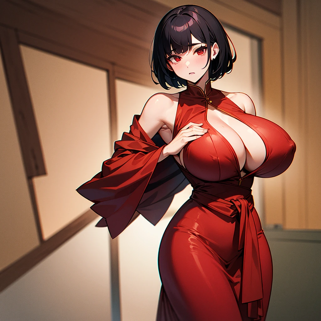 (((I want a woman, with short black hair, red eyes and fair skin, wearing a beautiful red dress while putting her hands on her waist, voluminous body and big breast)))