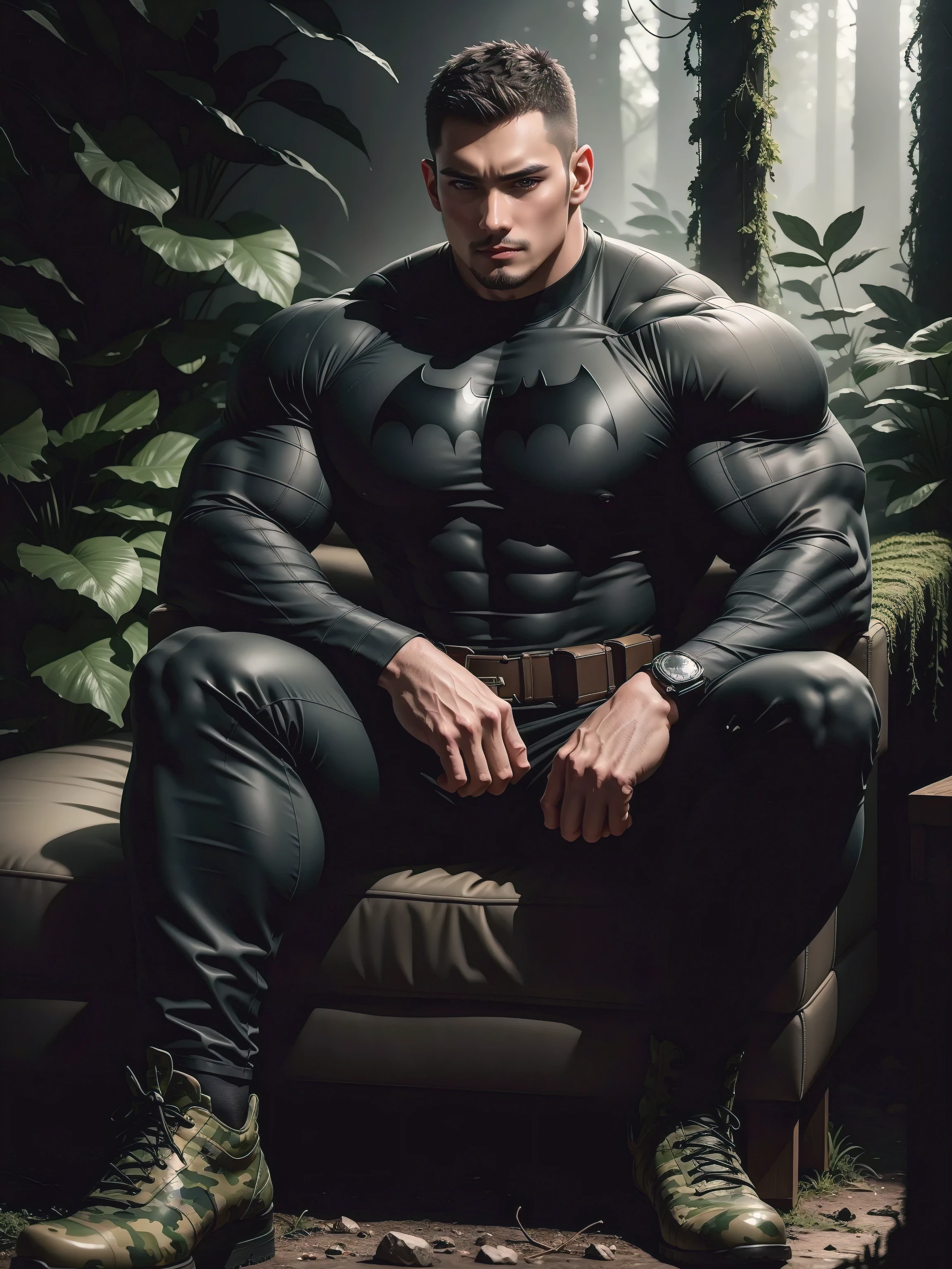 Frowning sad tall giant muscular batman sitting in the forest,Dark gray high collar tight long sleeve camouflage T-shirt,character design(Resident Evil - Chris Redfield,Chris Redfield)His hairstyle is a crew cut,Wearing dark gray tight-fitting camouflage military uniform,Matte texture,Soft and comfortable sofa,Sitting in the eerie sugar cane jungle, The body is wrapped in thick rattan,expression sad,Deep and charming eyes,The hero with emerald pupils,heroic masculine pose,Tall and burly,musculous!Charming leg muscles,tall, Burly, and strong, Wearing dark gray camouflage military uniform, Super gain and cool, commission for high resolution,Big feet wearing black cotton socks,Charming strong man,Bright sunlight shines on the body,Matte particles with shiny texture