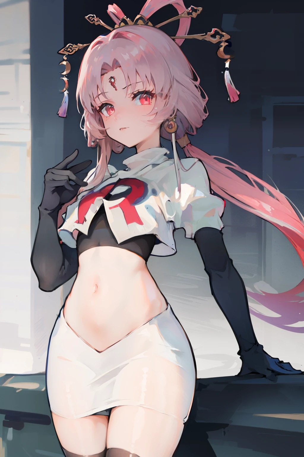 ((masterpiece,best quality)), highres, 1girl, fuxuan, cowboy shot, team rocket,team rocket uniform,white skirt,red letter R,crop top,black thigh-highs,black elbow gloves