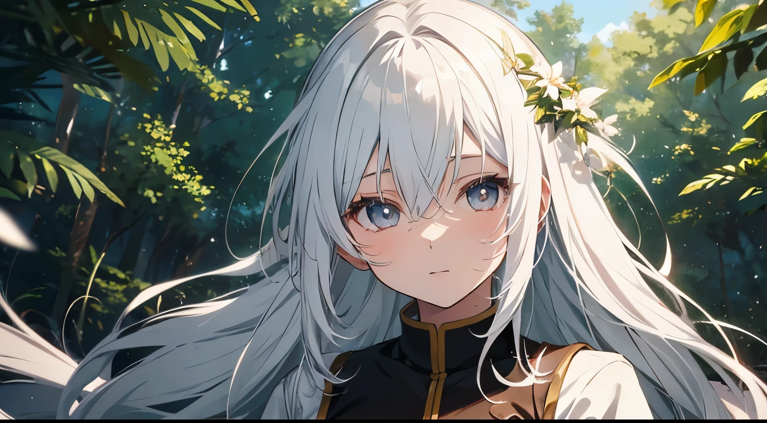 beautiful anime girl with white hair, forest background