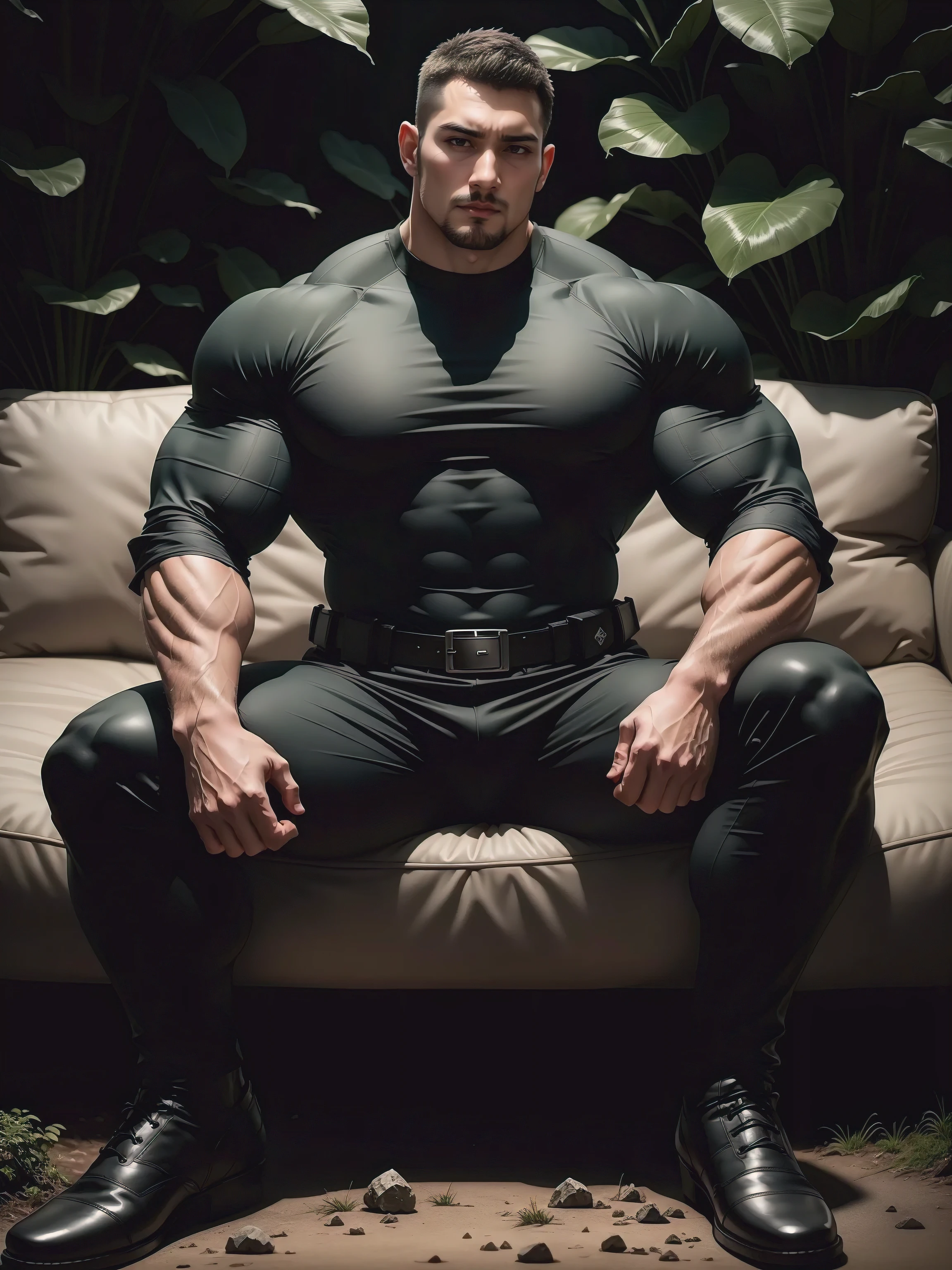 Frowning sad tall giant muscular batman sitting in the forest,Dark gray high collar tight long sleeve camouflage T-shirt,character design(Resident Evil - Chris Redfield,Chris Redfield)His hairstyle is a crew cut,Wearing dark gray tight-fitting camouflage military uniform,Matte texture,Soft and comfortable sofa,Sitting in the eerie sugar cane jungle, The body is wrapped in thick rattan,expression sad,Deep and charming eyes,The hero with emerald pupils,heroic masculine pose,Tall and burly,musculous!Charming leg muscles,tall, Burly, and strong, Wearing dark gray camouflage military uniform, Super gain and cool, commission for high resolution,Big feet wearing black cotton socks,Charming strong man,Bright sunlight shines on the body,Matte particles with shiny texture