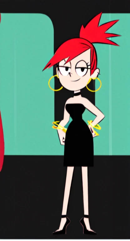 FostersStyle, Frankie Foster, solo, 1 girl, black eyes, black dress, bare shoulders, jewelry, ponytail, bracelet, strapless, hoop earrings, black choker, high heels, abstract background, looking at viewer, hands on hips, smile, high quality, high resolution.