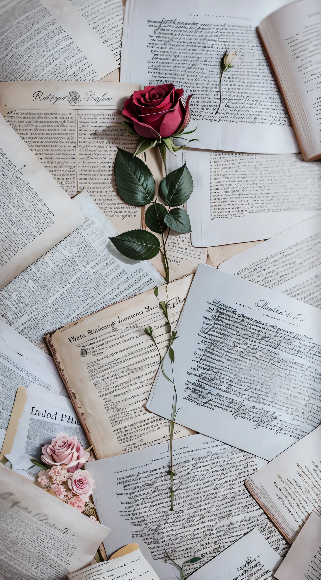 there is a rose that is laying on a pile of books, books and flowers, story telling aesthetic, wallpaper aesthetic, weathered pages, phone wallpaper, phone background, papers and tomes, background image, reading the book about love, photo of a rose, roses, on old , full page writings, pages, text on , flowing book pages