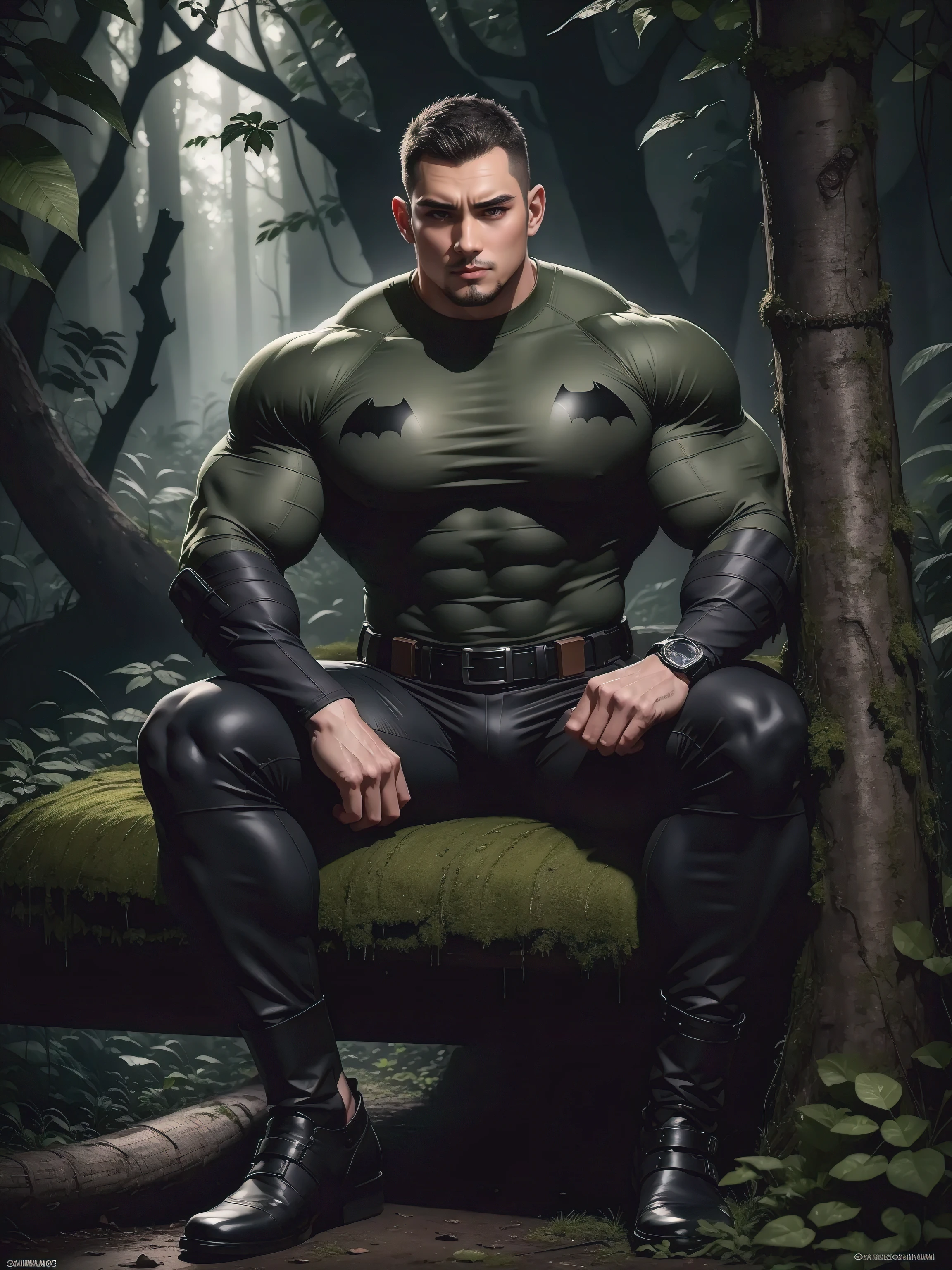 Frowning sad tall giant muscular batman sitting in the forest,Dark gray high collar tight long sleeve camouflage T-shirt,character design(Resident Evil - Chris Redfield,Chris Redfield)His hairstyle is a crew cut,Wearing dark gray tight-fitting camouflage military uniform,Matte texture,Soft and comfortable sofa,Sitting in the eerie sugar cane jungle, The body is wrapped in thick rattan,expression sad,Deep and charming eyes,The hero with emerald pupils,heroic masculine pose,Tall and burly,musculous!Charming leg muscles,tall, Burly, and strong, Wearing dark gray camouflage military uniform, Super gain and cool, commission for high resolution,Big feet wearing black cotton socks,Charming strong man,Bright sunlight shines on the body,Matte particles with shiny texture