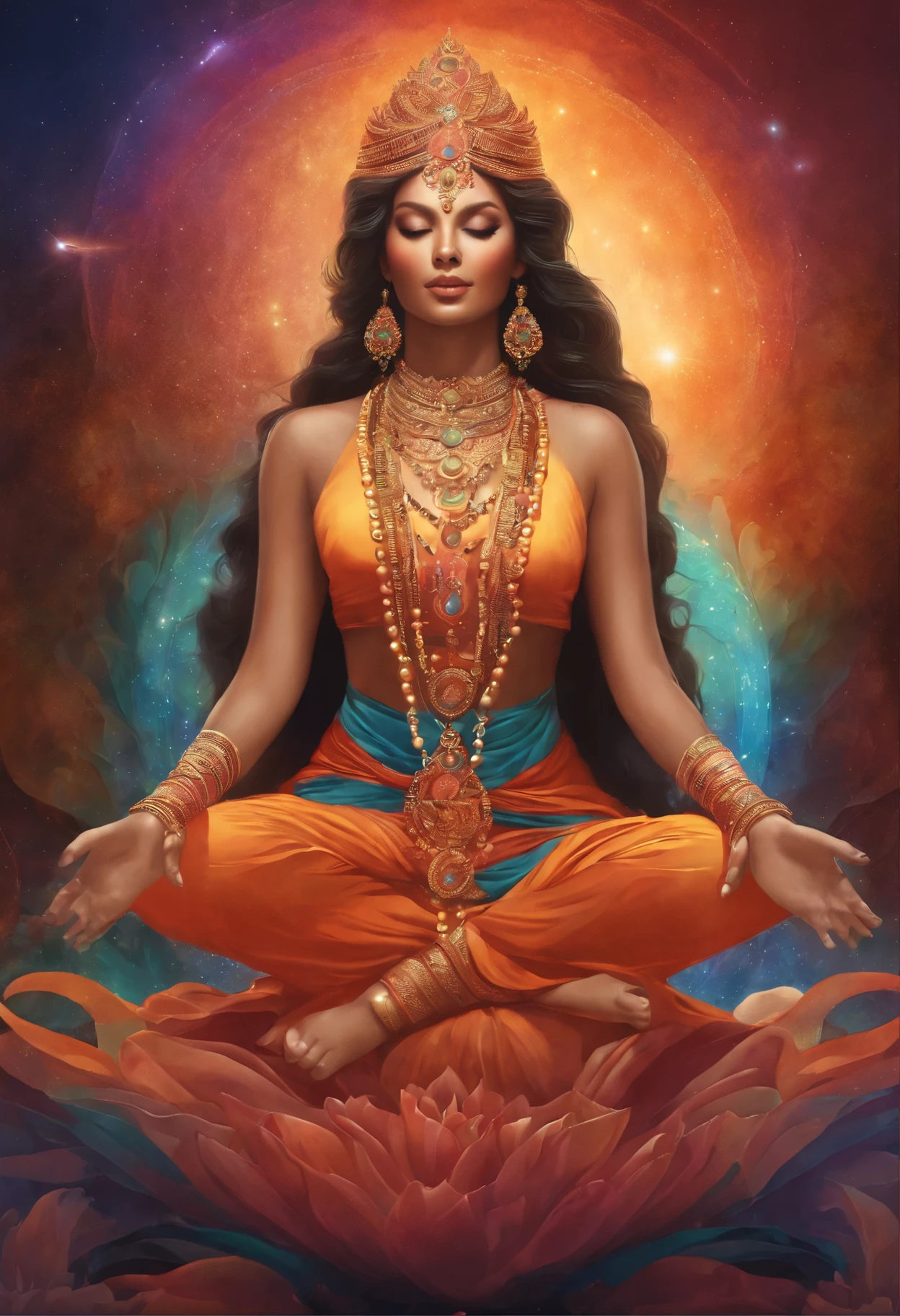 chakra이 바퀴로 연꽃 자세로 앉아있는 여자, chakra, 아즈나 chakra, Artjurm Julie Belle Beeple, Deviantart Artstation CGSCOSIETY, Divine Feminine, jen bartel, kundalini energy, Colorful Artgerm!!!, Colorful aura, chakra 천골, Psychedelic Goddess, aura of power. detailed, high image quality, Perfect Fingers, perfect feet, With a light billet in your hands