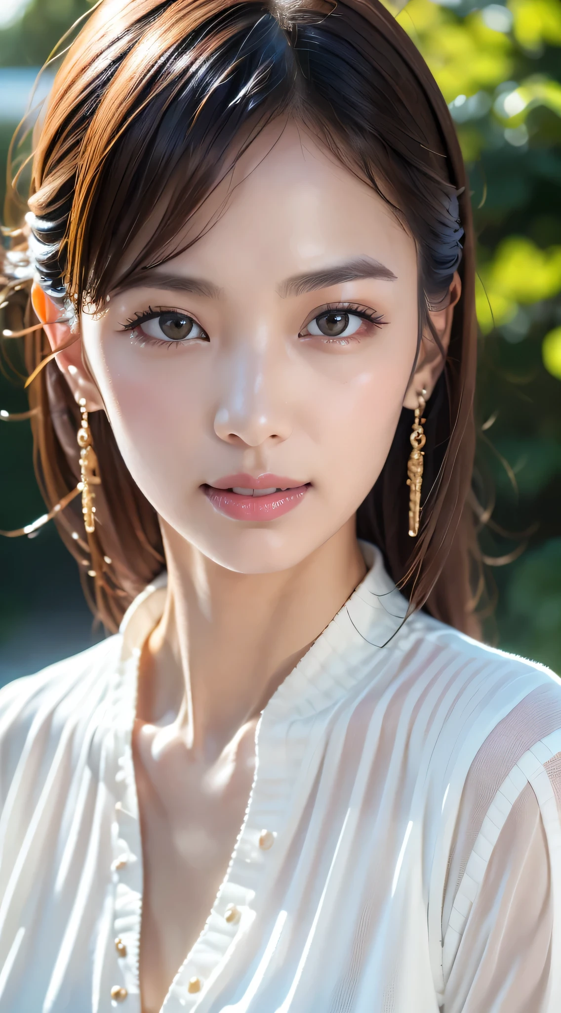 masutepiece, Best Quality, Photorealsitic, finely detail, hight resolution, 8K Wallpapers, Perfect dynamic composition, (((Kuroko under the left eye)))、sharpnes, A hyper-realistic, Beautiful detailed eyes, Medium Hair,lash perm、eyeshadows、Red Lip、 Random Poses, A white blouse that shows off your chest:1.3, A smile, open open mouth, Resort scenery, 28 year old, Beauty, japanes, Chain Necklace, large earring, Shooting from front