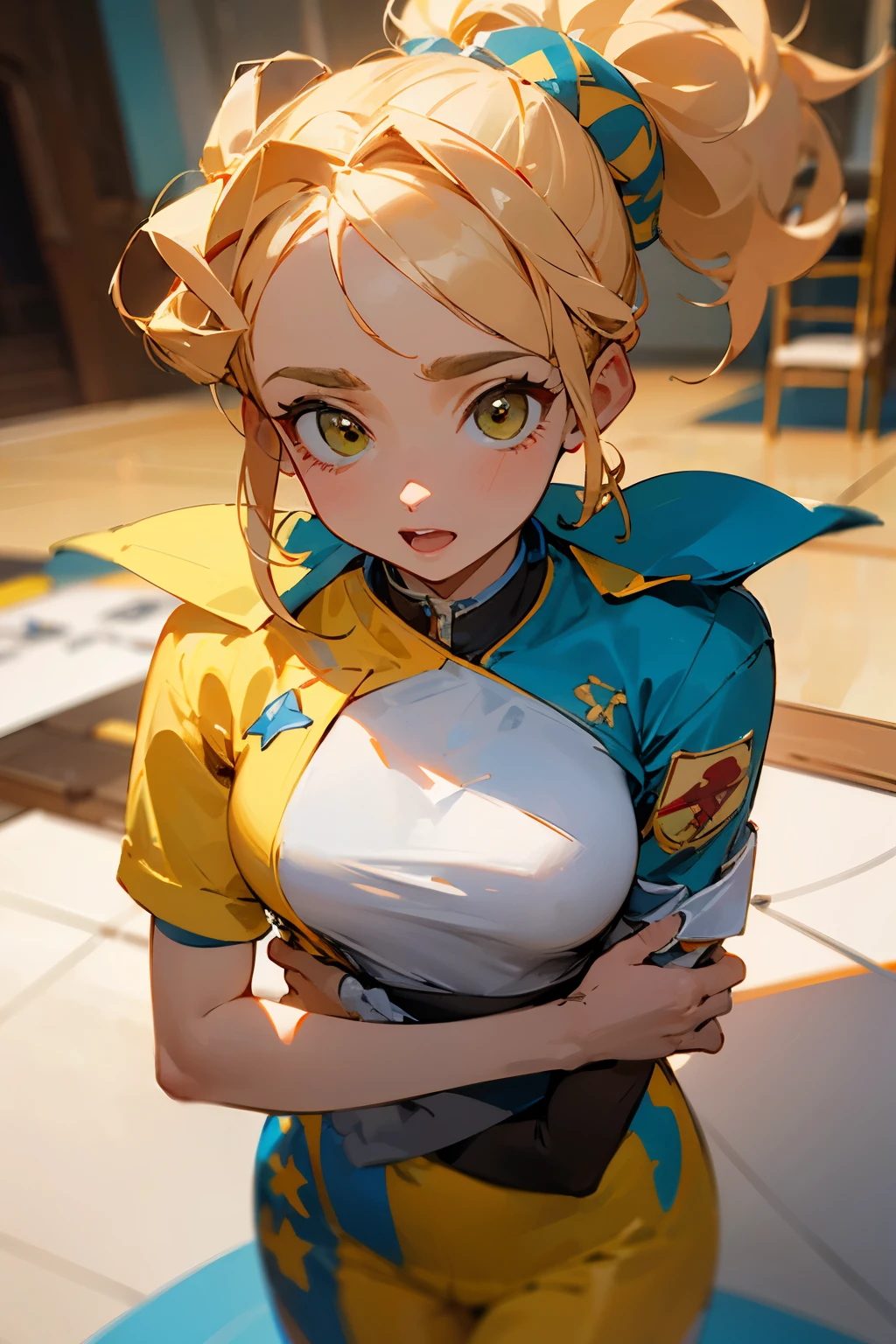 masterpiece, highest quality, One girl, , take a train,
Yellow high ponytail、 Blue eyes