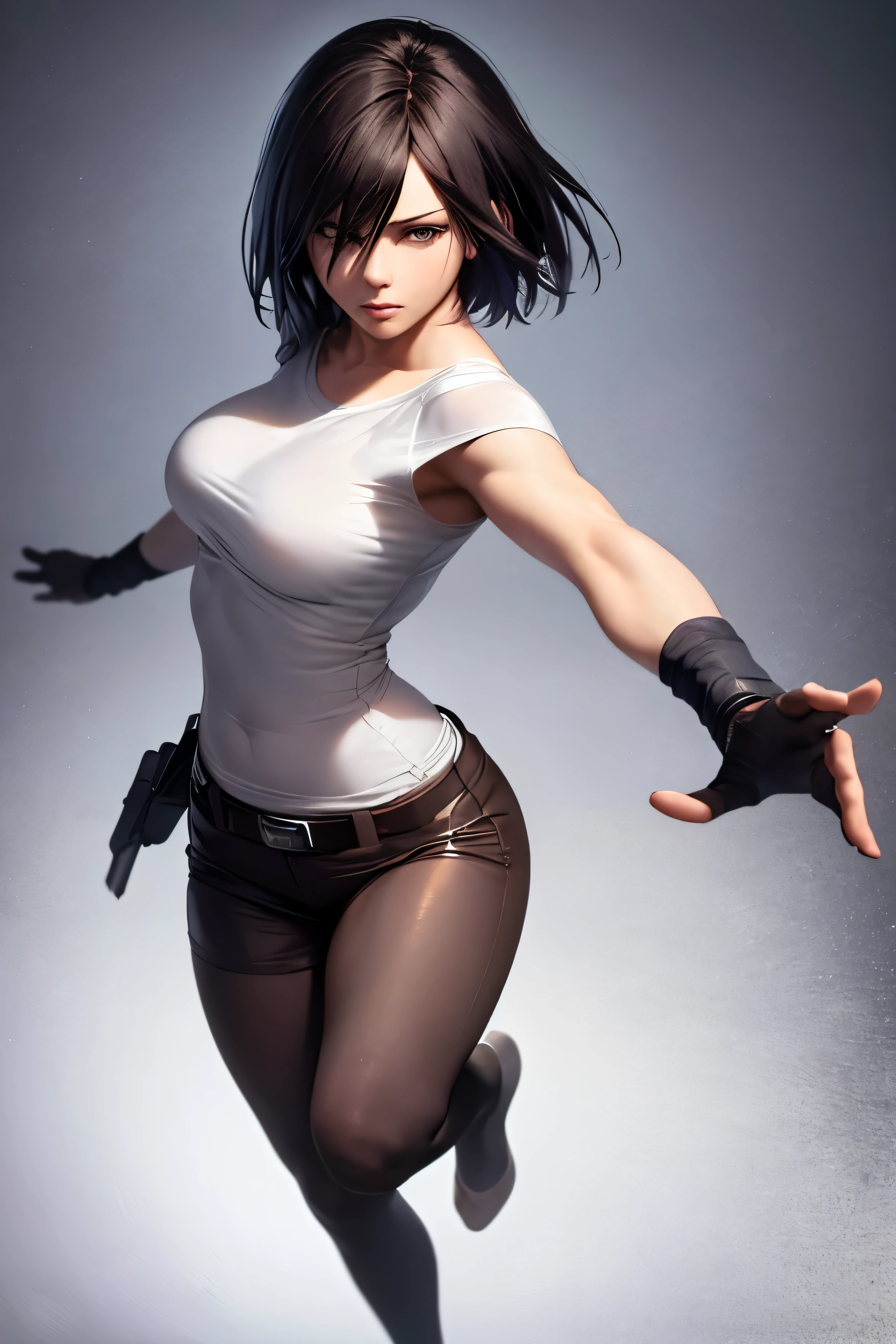 ((best quality)), ((masterpiece)), ((Realistic)), perfect face, 1girl, Mikasa Ackerman, short hair, ((dynamic poses)), full body, perfect anatomy, beautifull face