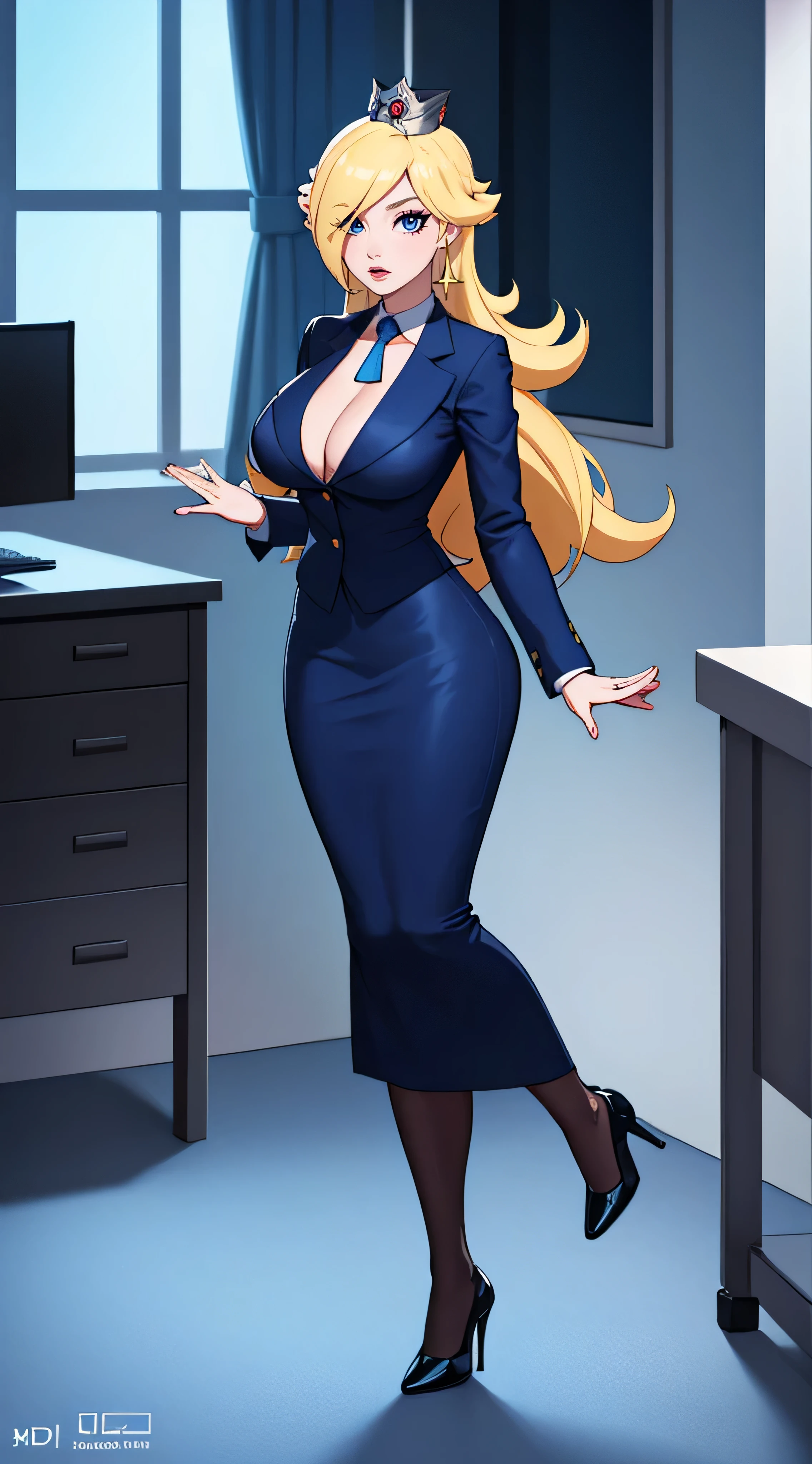 ((high detailed, best quality, 4k, masterpiece, hd:1.3)), BREAK night, window, moonlight, landscape, (in office), indoors, business office, office workers working in the office, many people are busy working, window, desk, chair, computer, ceiling light, Rosalina standing posing, BREAK neon blue eyes, seductive, attractive, sexy smile, smiling, smooth anime cg art, 36C breasts, (long fitness legs), vivid colors, detailed digital art, slim body, perfect skin, blonde hair, long hair, BREAK crown, cleavage, 36C cleavage, BREAK looking at viewer, extremely detailed face, navy_blue necktie, blue jacket, black shirt, blue pencil skirt, full body, (blue high heels), earrings, gem, dark black makeup lips, dark gothic eyeshadows, dark eyeshadows, black eyeshadows, black sexy lips, black lips, (dark:1.2), dark lips, very dark lips, (perfect hands, perfect anatomy), black makeup, detailed fingers, five fingers per hand, 5 fingers, (1 girl), detailed lips, detailed black lips, black painted lips, gothic painted lips, (breast focus), (breasts out:1.3), (arms outstretched:1.25),