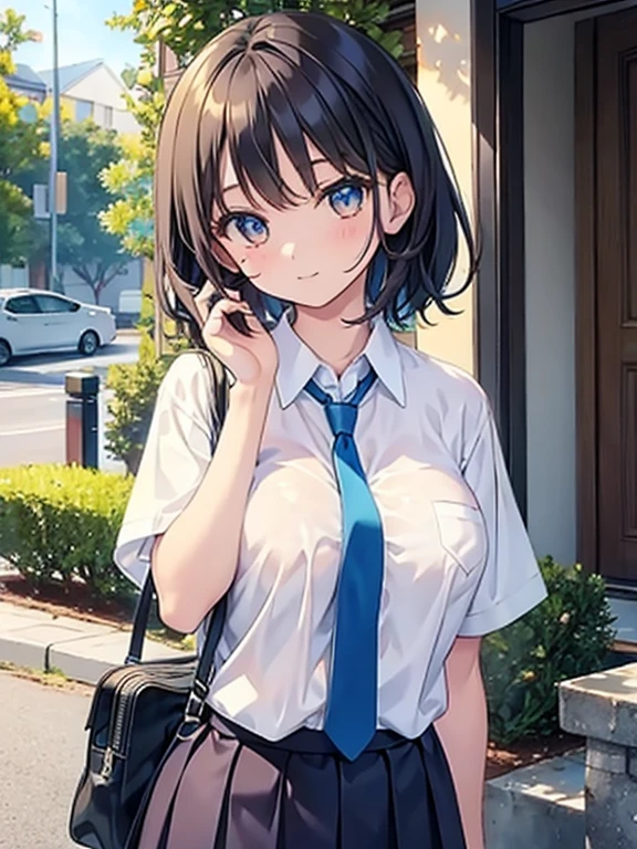 Japanese pretty girl, ,Big tits,,Cute face,,Big pink eyes, Silky bangs,,Short black curly hair, High school student, High school girl uniform, Simple dark blue skirt, Simple white blouse, Blue tie, High quality picture, Shiny skin,