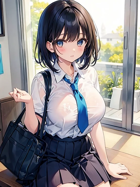 Japanese pretty girl, ,Big tits,,Cute face,,Big pink eyes, Silky bangs,,Short black curly hair, High school student, High school girl uniform, Simple dark blue skirt, Simple white blouse, Blue tie, High quality picture, Shiny skin,