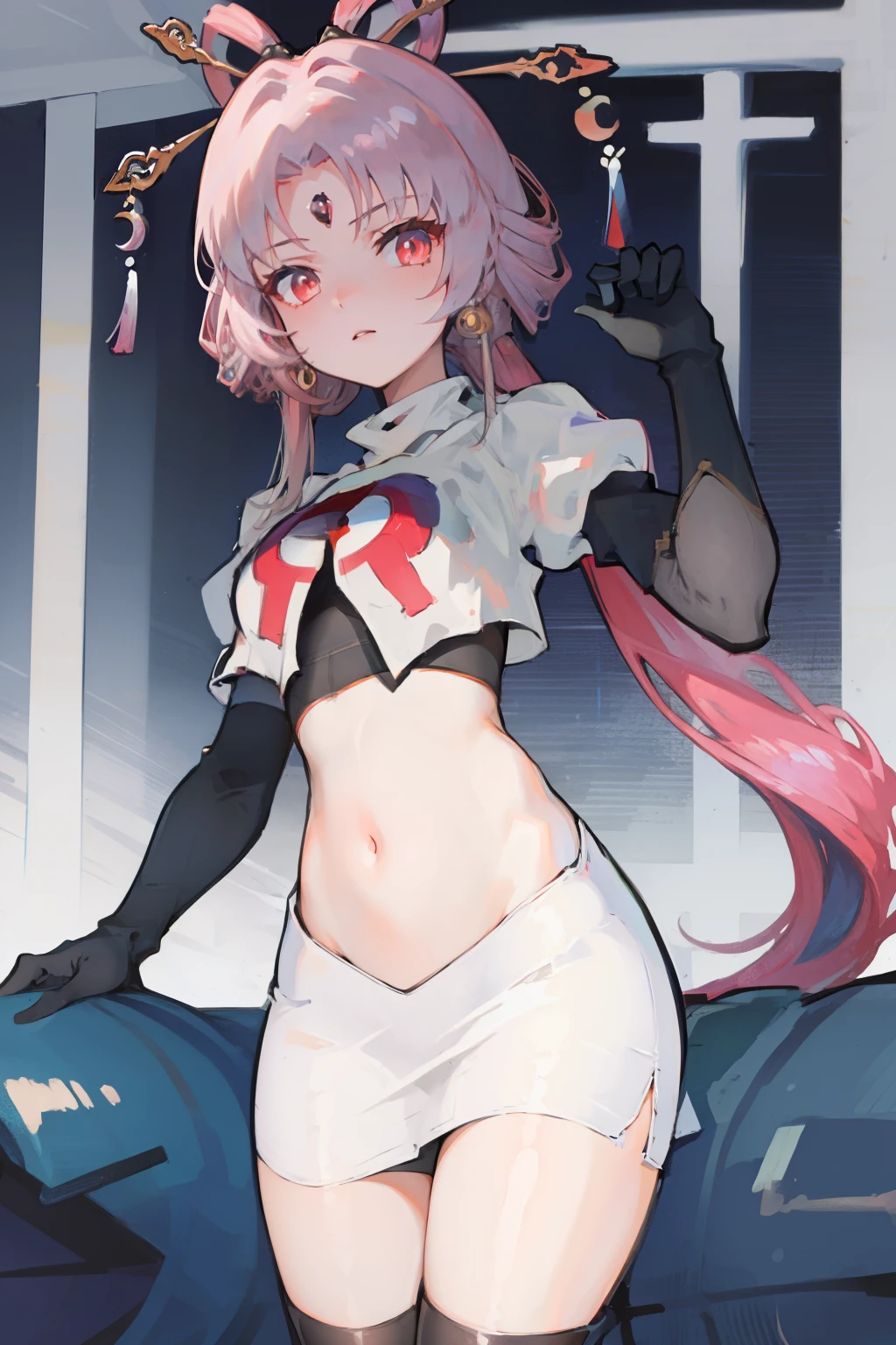 short girl with headphones on in a cyberpunk city, neons in the background, masterpiece, skimpy clothing, cute, smiling, round yellow beautiful eyes, small naked breasts, naked pussy, no panties