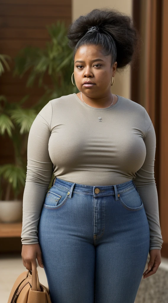 a woman with a cell phone in her hand, this person does not exist, 30 years old, wearing jeans and a long sleeve tshirt, mixed race, african, indian, short chubby body, busty, fat, alana fletcher-miranda meeks-sara ali-gabourey sidibe-raven symone-bobbi kristina brown-danielle brooks-kimora lee simmons-amber riley-nika king-octavia spencer-tamala jones-amandla stenberg-laurie hernandez-vanessa minnillo merged, entire body visible, full body, hyperrealistic, best quality, 8K, real human skin, masterpiece, extremely intricate, medium closeup, detailed eyes, detailed face, detailed body, exaggerated features, pronounced features