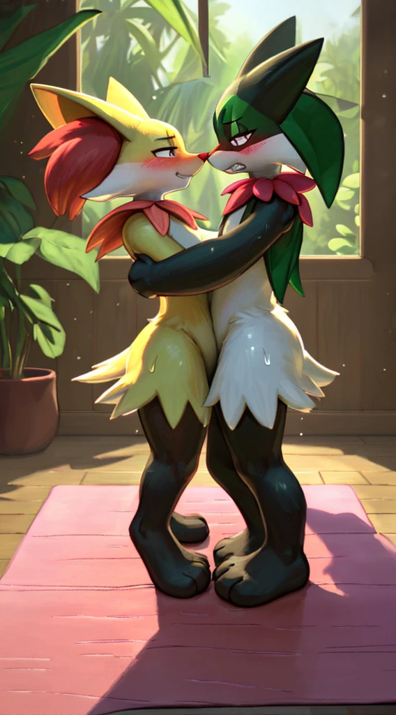 [meowscarada], [delphox], [Uploaded to e621.net; (Pixelsketcher), (wamudraws)], ((masterpiece)), ((high quality)), ((HD)), ((duo portrait)), ((full body)), ((POV)), ((side view)), ((furry; anthro)), ((detailed fur)), ((detailed shading)), ((beautiful render art)), ((intricate details)), {(short eyelashes), (beautiful feet), (big penis), (penis touching), (sweating), (blushing), (frown), (clenching teeth)}, {(on yoga mat), (embracing each other), (standing on the floor), (frottage), (looking down)}, [background; (tropical forest), (living room), (window), (sun rays),]