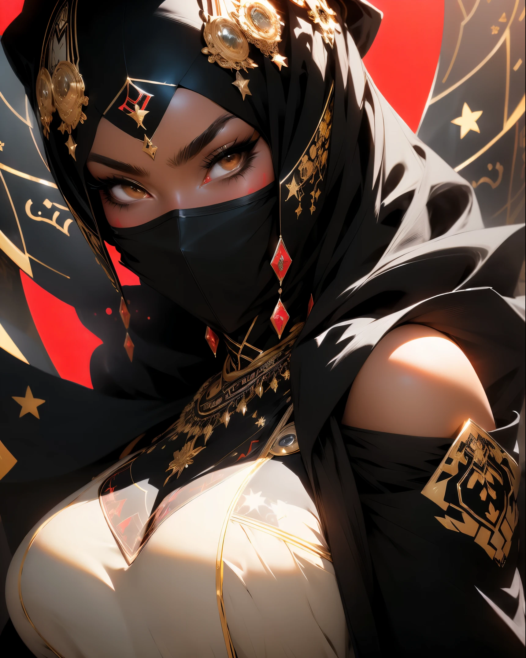 ((Best quality)), ((masterpiece)), (close view 1:2), (detailed: 1.4), (Absurry princess, ((action pose)), (((black Muslim woman wearing long black dress with gold ornaments and red face covered)))), (((burqa))), (((back))), ready for war, dark skinned, black middle eastern woman, sculptural body with defined muscles, closed mouth, muscular body covered by a Hoyoverse-style technological dress, Honkai Impact,  Geishin Impast, technological veil covering the face, Veil covering the head, whole body covered by clothing, holding two scimitars, ((small breasts)), (eyes with heavy makeup and very black without pupillack and gold clothing with small red details)), (((short black hair)), (Arabic inscriptions on the arms), ((designs of golden stars on the arms)), very long eyelashes, heavy eye makeup,  lots of jewelry, by mucha, niji --V5, close to real, psychopathic, crazy face, sexy pose, background with a giant Gundam style robot head, 2 piece clothing, diamond shoulder pads, pastel, centered, scale to fit dimensions, HDR (High Dynamic Range),Ray Tracing,NVIDIA RTX,Super-Resolution,Unreal 5,Subsurface dispersion, PBR texture, Post-processing, Anisotropic filtering, Depth of field,  Maximum clarity and sharpness, Multilayer textures, Albedo and specular maps, Surface shading, Accurate simulation of light-material interaction, Perfect proportions, Octane Render, Two-tone lighting, Wide aperture, Low ISO, White balance, Rule of thirds, 8K RAW, crysisnanosuit