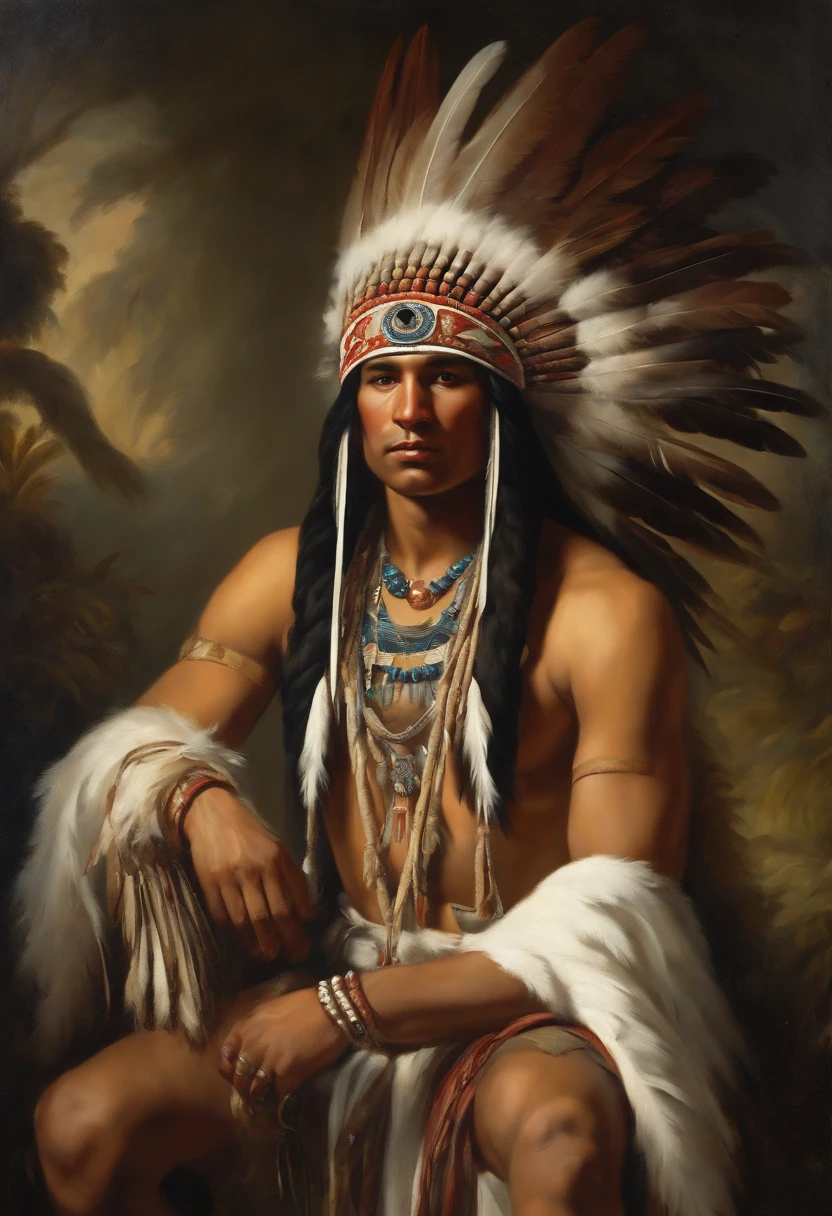 Baroque style painting of an indigenous chief with a headdress of white feathers on his head, indigenous body paint, young and strong, white clothes, long hair with braids.