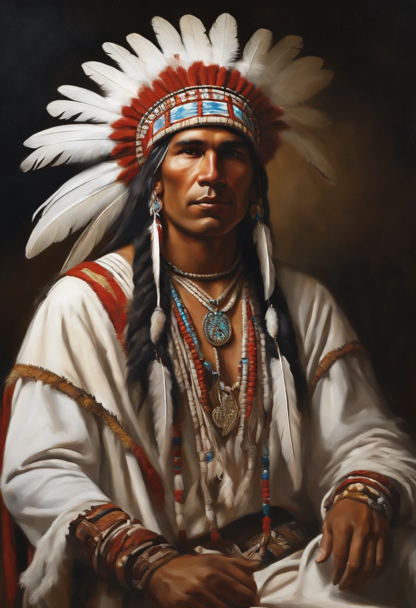 Baroque style painting of an indigenous chief with a headdress of white feathers on his head, indigenous body paint, young and strong, white clothes, long hair with braids.