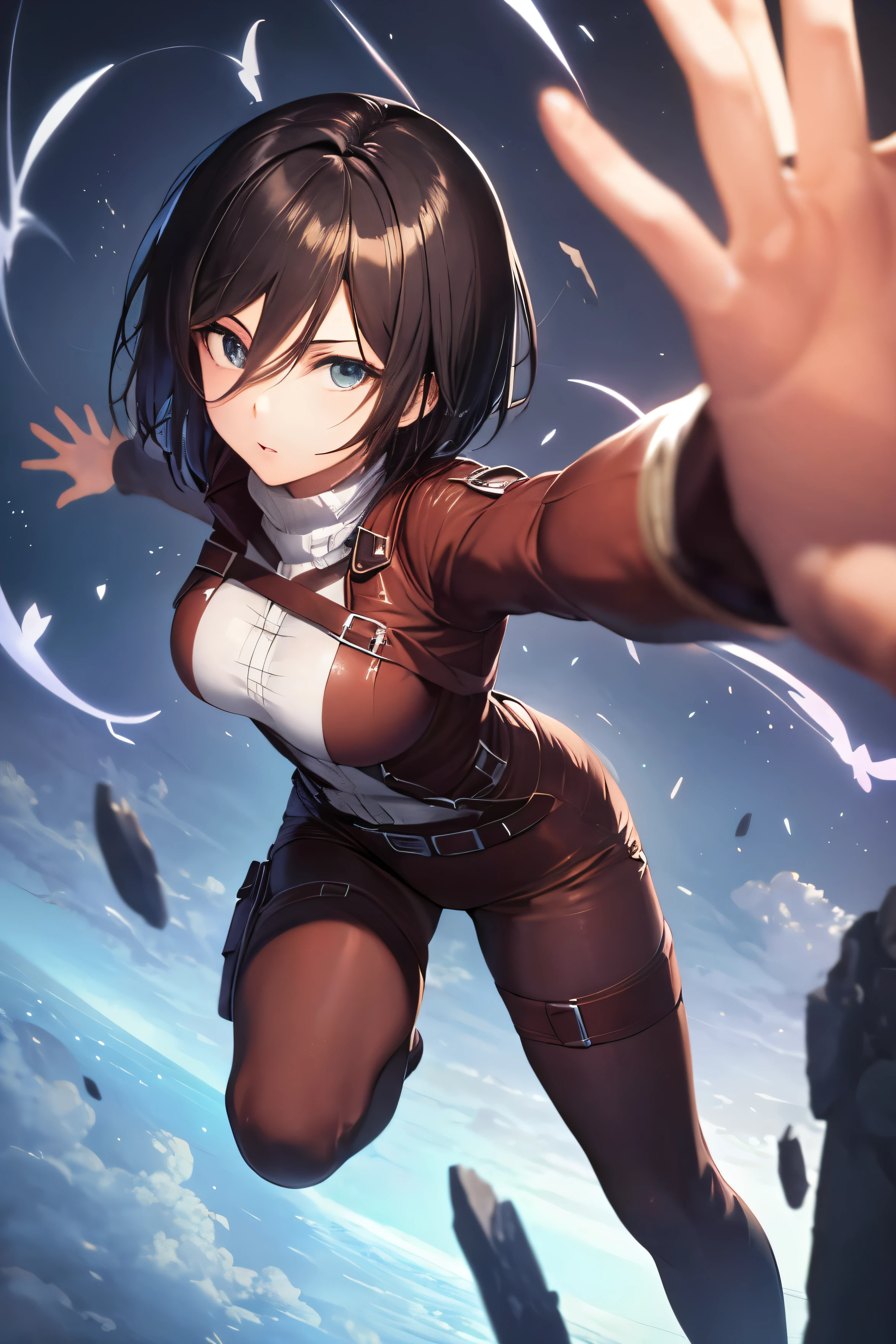 ((best quality)), ((masterpiece)), ((Realistic)), happy face, 1girl, Mikasa Ackerman, short hair, ((dynamic poses)), full body, perfect anatomy, beautifull face