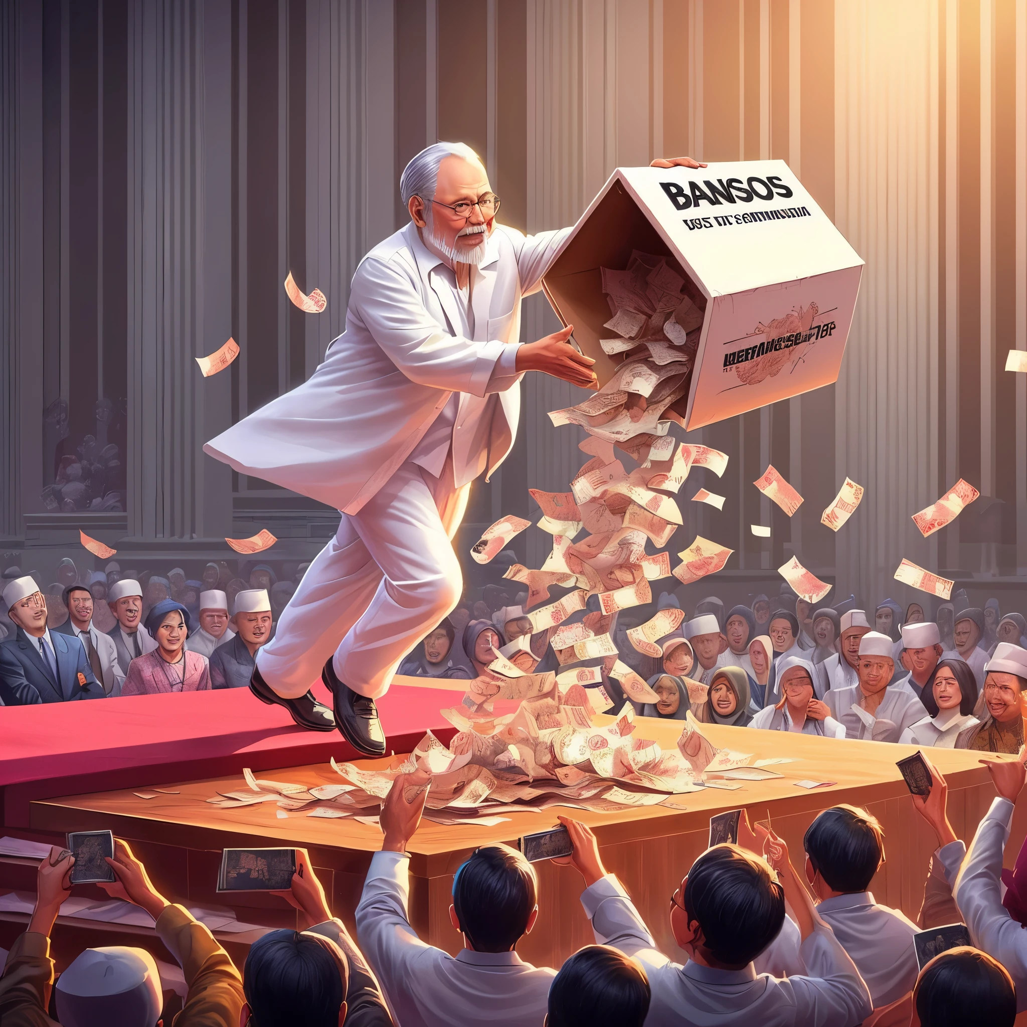 Masterpiece Best ART illustration 8K poster design, an old official in a white shirt is on stage throwing a box filled with rupiah notes with the wordansos" written on it to the audience, dominan white, 3D Best Rendering.