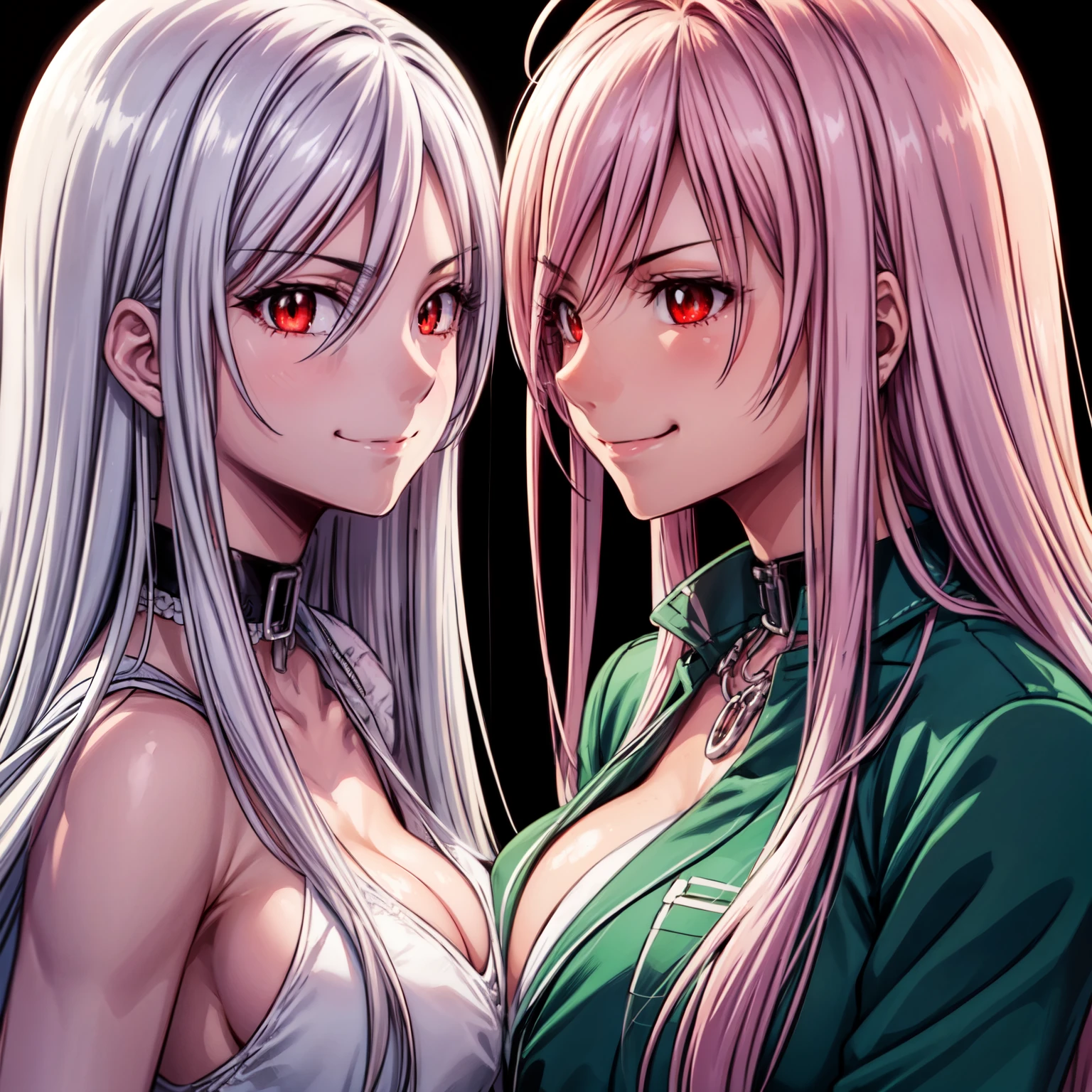 ((two Girl)), 28 years old, The girl on the left has long silver hair and red eyes with slit pupils, The girl on the Right has pink hair and green eyes with slit pupils, facing another, mouth to mouth feeding, Left girl with large breasts, Right girl with medium breasts, The two girls looked each other in the eyes, upper body, cropped torso upper body, (light_Smile:1.5),