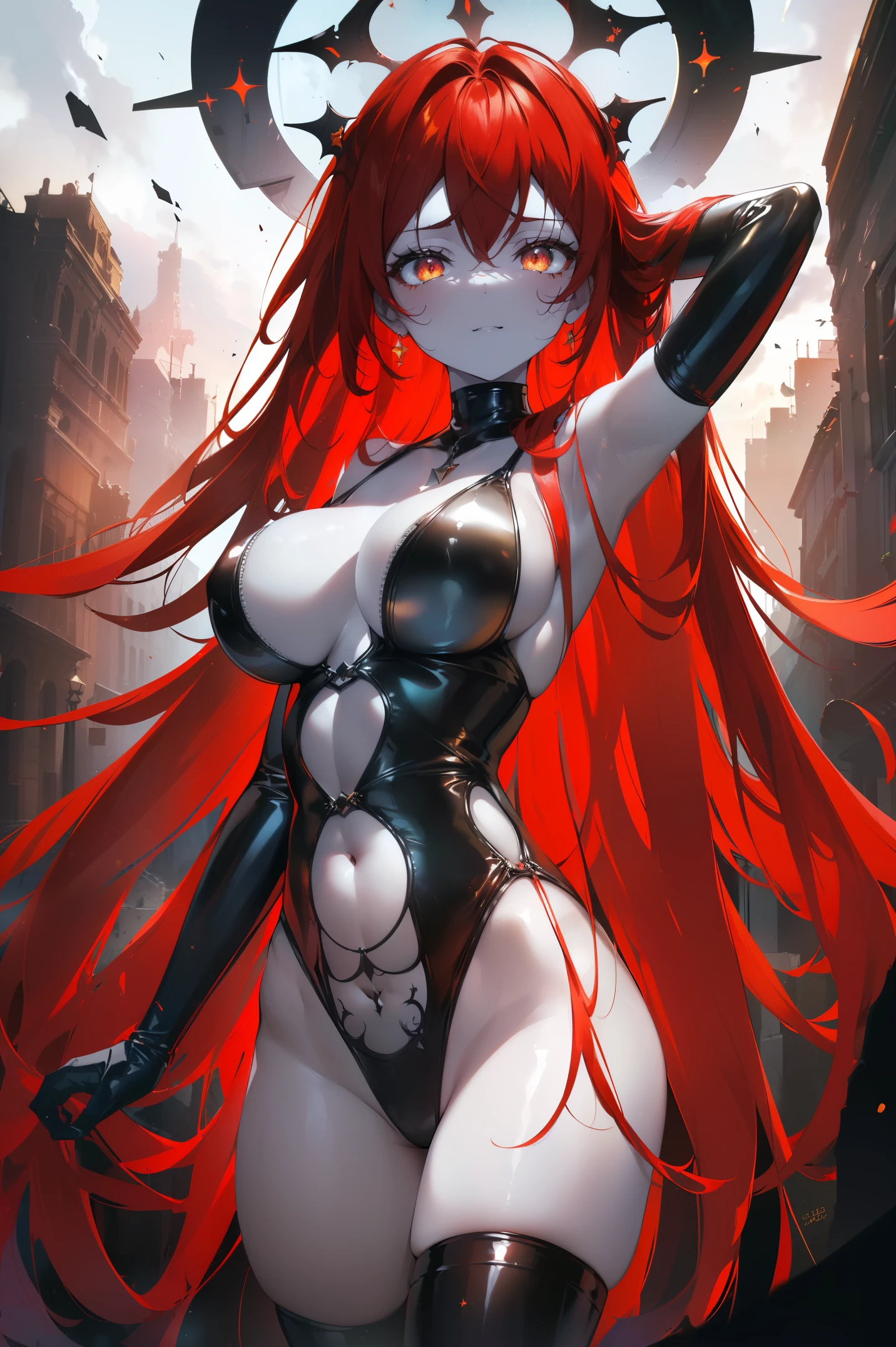 ((((Obra maestra, La mejor calidad, ultrahigh resolution)))), 1girl, standing, (cute maid costume), ((long red hair, red hair over eye)), long hair cut, pale skin, ((golden eyes)), glowing_eyes, neon eyes, (ultra detailed eyes:0.7, beautiful and detailed face, detailed eyes:0.9), ((centered)), smile, ((wide shot)), facing viewer, ((vibrant background, bright lighting, summer, sunlight)), flat chested, looking at viewer, ((half closed eyes)), ((perfect hands)), (((head:1, arms, hips in view, elbows, arms, legs, in view))), ((hands behind back)), empty eyes, beautiful lighting, ((outside, outdoors)), defined subject, head tilt, (((gritty)), ((creepy)), ((cool)), ((beautiful)), (((SFW)))