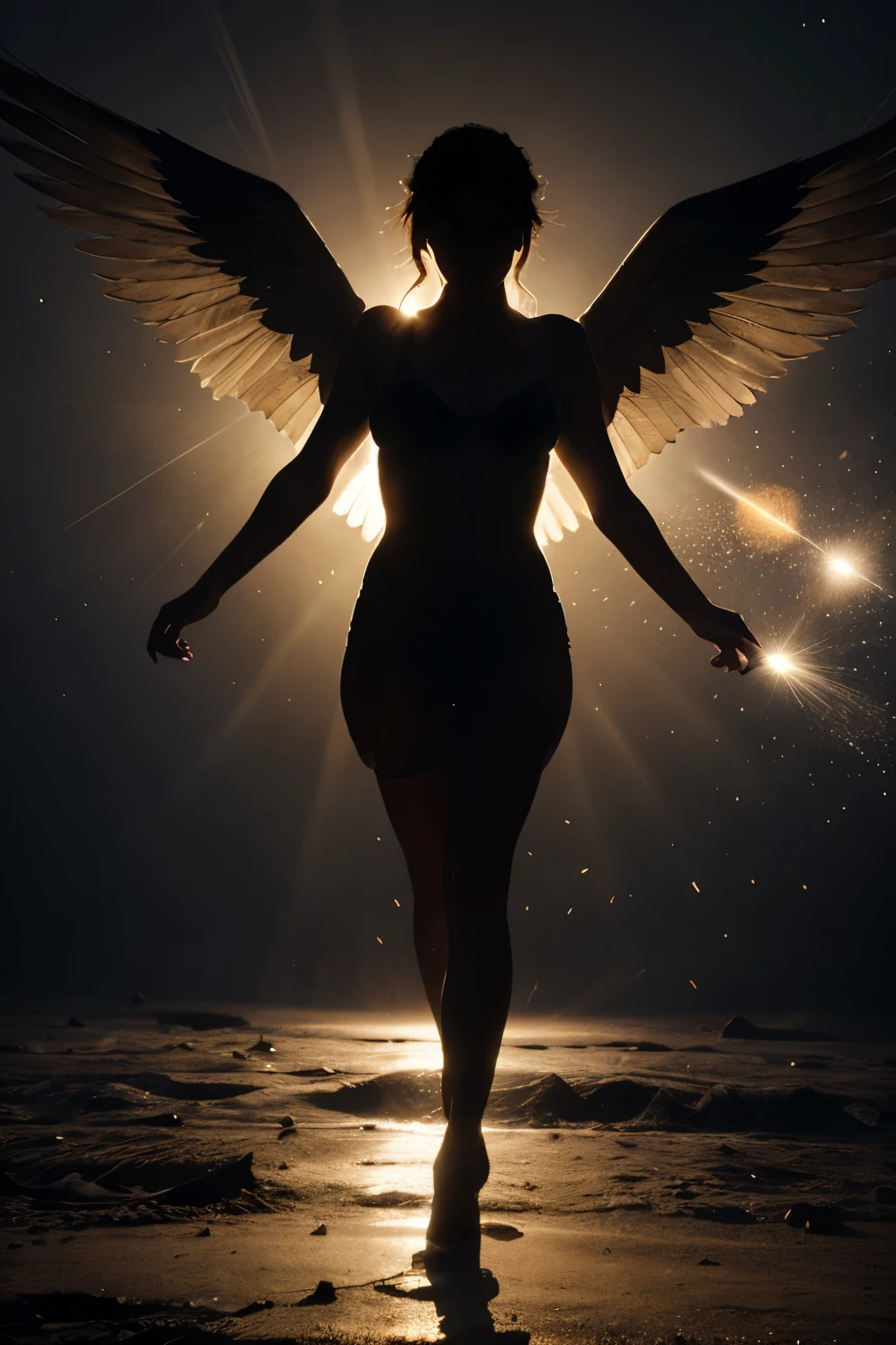 silhouette angel, magestic wings, incredibly beautiful earth, diamonds caustics, ultra-detailed, 8k, dynamic lighting