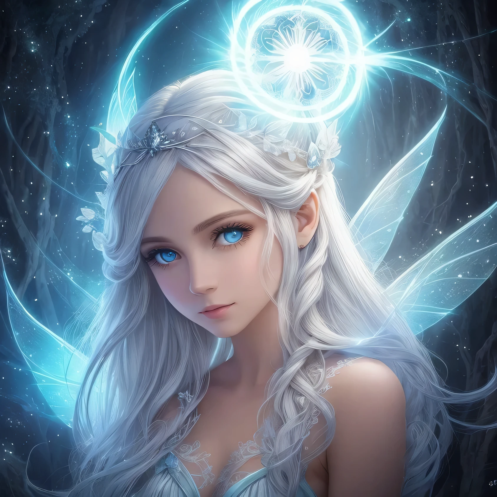 fairy of the light , cabelo branco, olhos brancos , luz ao seu redor, poder de luz ao seu redor