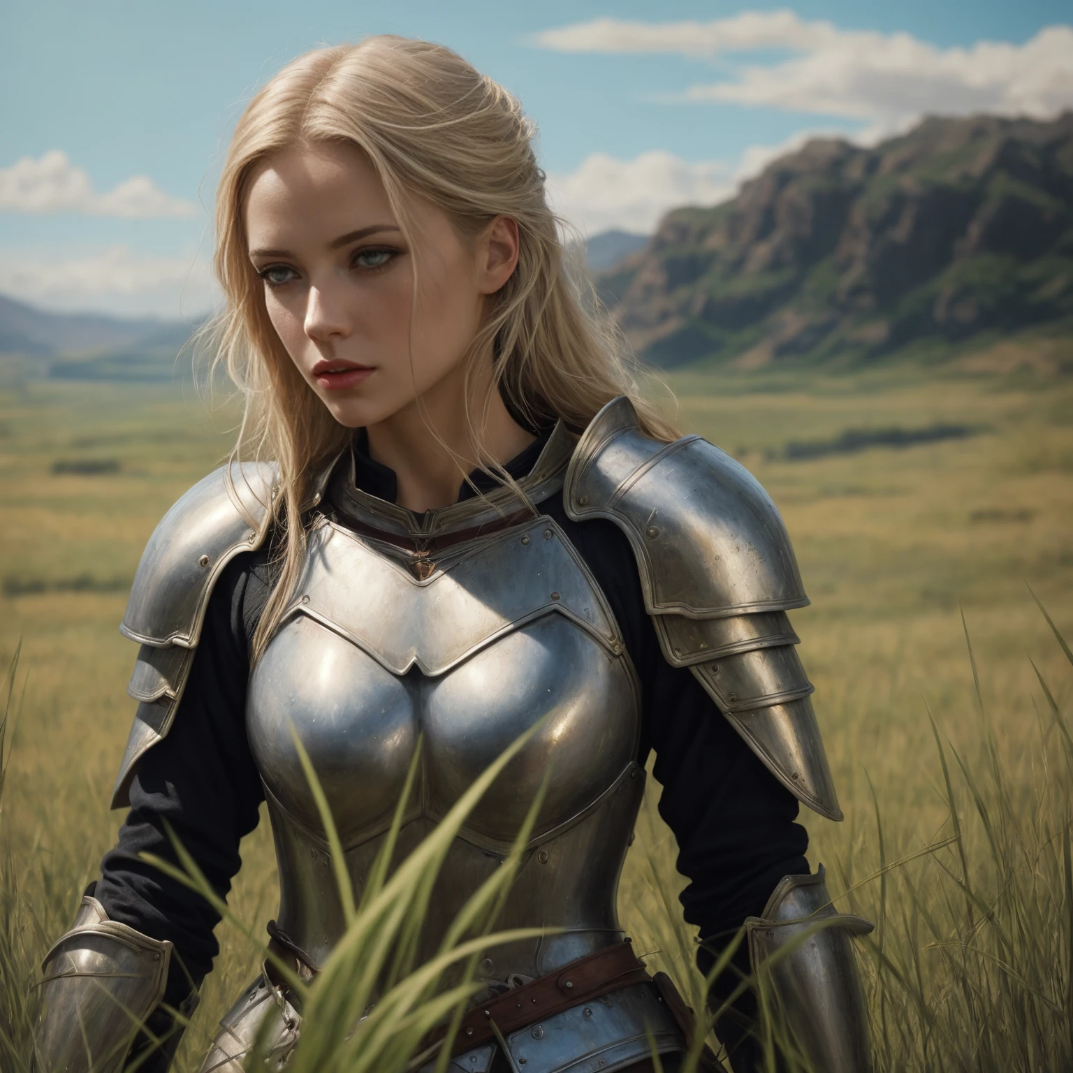 breathtaking oil painting, medieval fantasy, mature knight, commander woman, armored woman, blonde hair, high detail armor, grass field background, cinematic shot, dynamic lighting, 75mm, Technicolor, Panavision, cinemascope, sharp focus, fine details, 8k, HDR, realism, realistic, key visual, film still, superb cinematic color grading, depth of field, photorealistic oil painting, by charlie bowater, fine details, by wlop, trending on artstation, very detailed