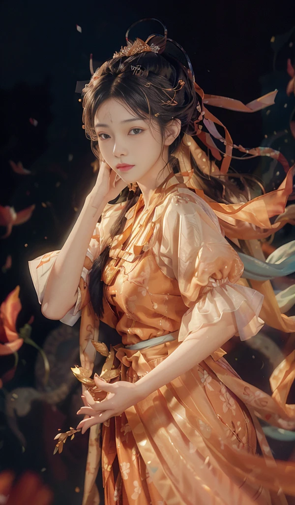 (Original photo, best quality), (realistic, photo realistic: 1.3), orange hanbok dress, delicate headdress, hairpins, water sleeves, flying ribbons, delicate facial features, flying petals, 8k wallpaper, ink, amazing, movie lighting, lenlare, dunhuang_style