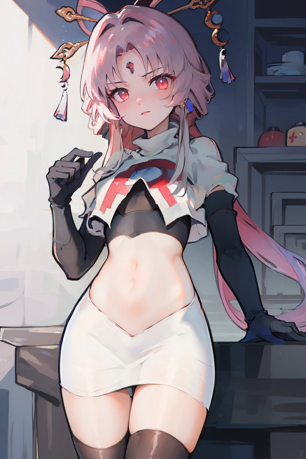 ((masterpiece,best quality)), highres, 1girl, fuxuan, cowboy shot, team rocket,team rocket uniform,white skirt,red letter R,crop top,black thigh-highs,black elbow gloves