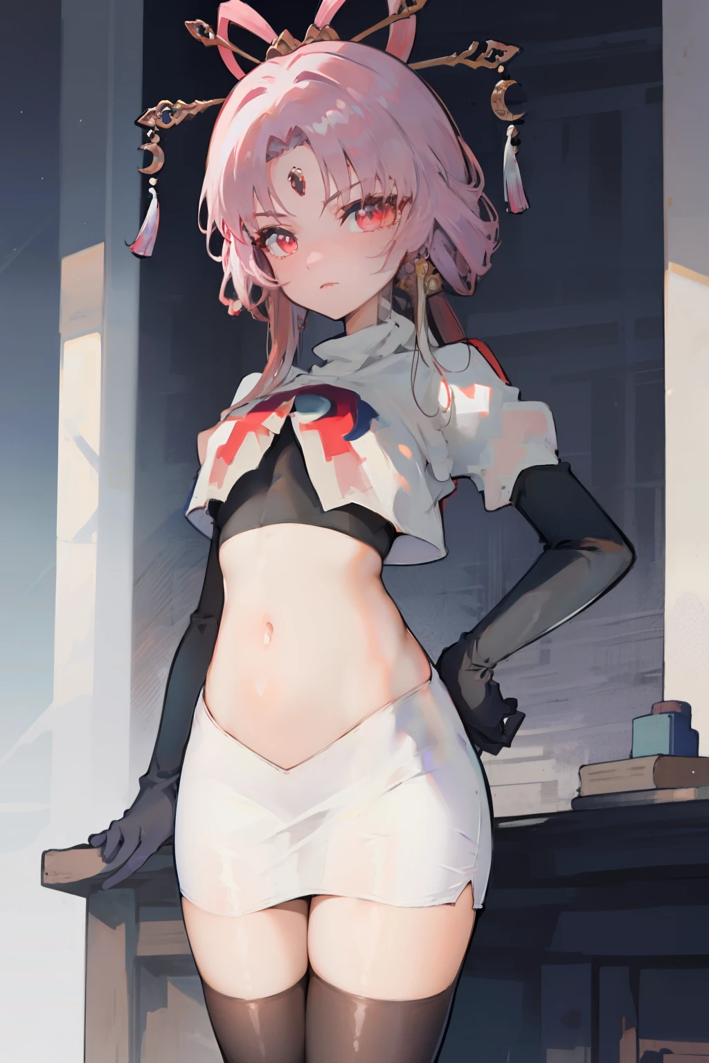 ((masterpiece,best quality)), highres, 1girl, fuxuan, cowboy shot, team rocket,team rocket uniform,white skirt,red letter R,crop top,black thigh-highs,black elbow gloves