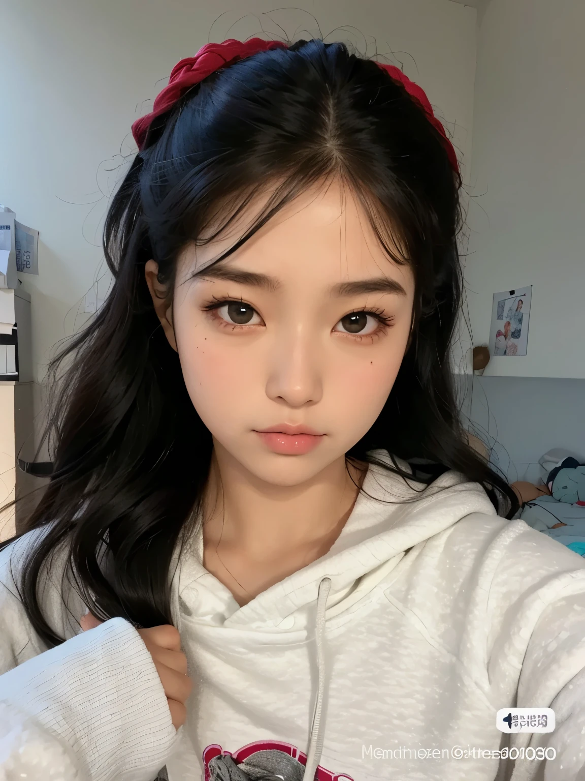 There's a girl dressed in sweatpants in your room taking a photo) Coreana, olhos puxados, bonita, atraente, 20 anos, sexy, charismatic, rosto e corpo bonitos, modelo do Instagram, perfeita