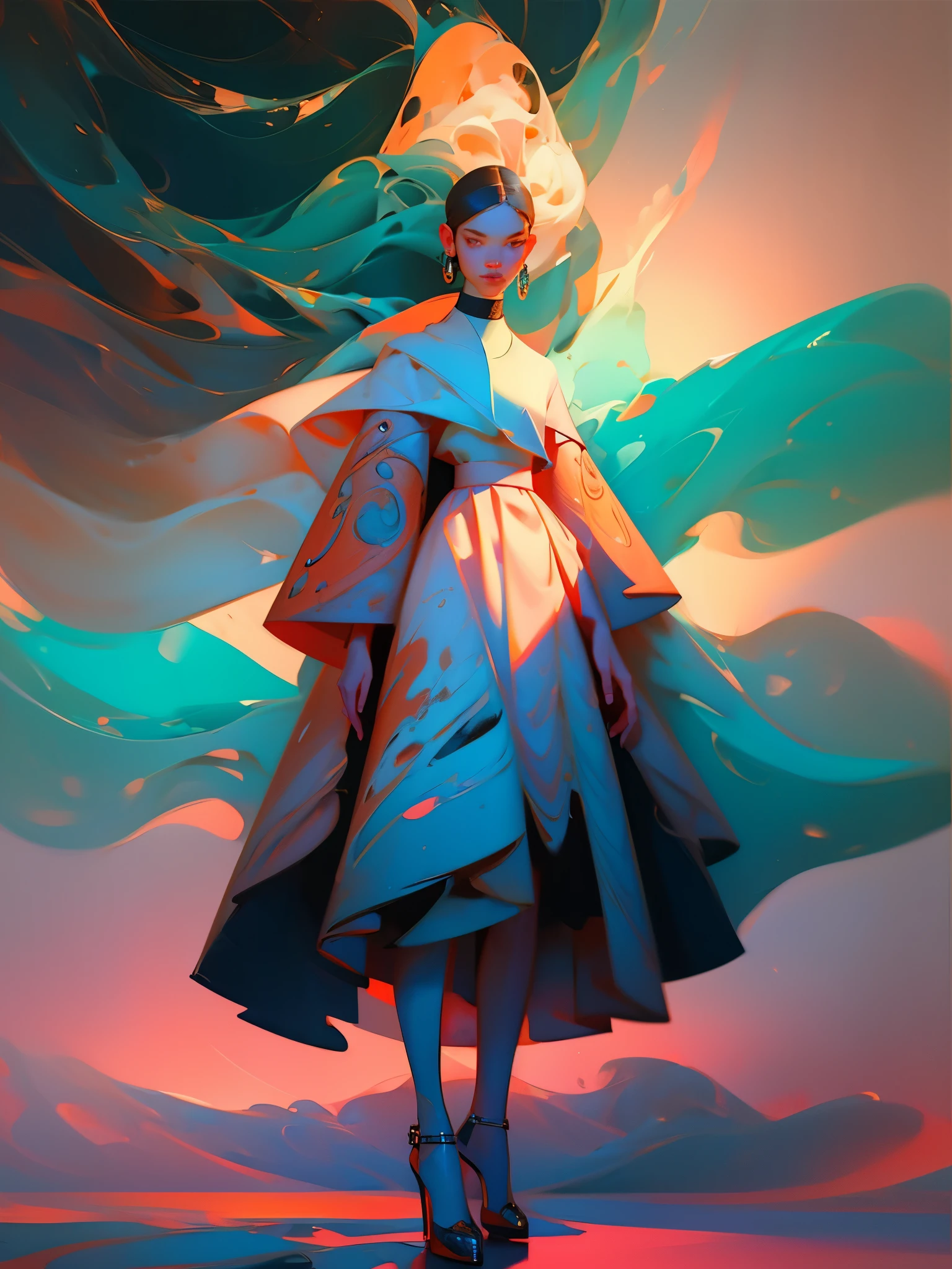 (Man or woman) wearing trendy clothes, in an abstract oil painting style, fashion show, The painting is ultra-high detailed and has a resolution of 8k, showcasing the best quality and craftsmanship. The background is colorful, with a touch of fog and mist, creating a mysterious atmosphere. There is a subtle lens flare effect, adding a dynamic element to the artwork. This painting aims to be reminiscent of luxury brand advertising, showcasing the beauty and elegance of the fashion world.