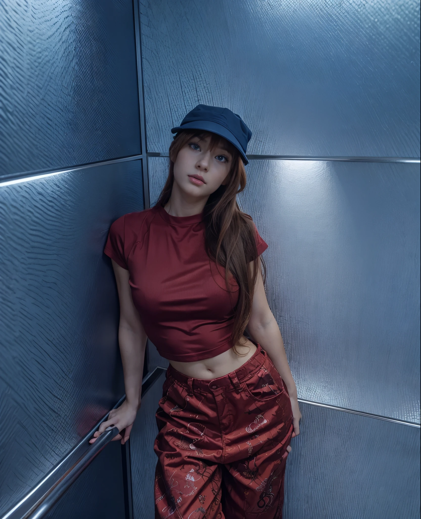 (best quality), high resolution, Asuka Langley Soryu, Beautiful Pretty Mixed German Babe, ((beautiful face)), sexy lips, Gingers Twin tails headband long Hair, intense gaze, dark blue detailed beautiful eyes, combine realism and anime influence, casual outfit, hat, elevator